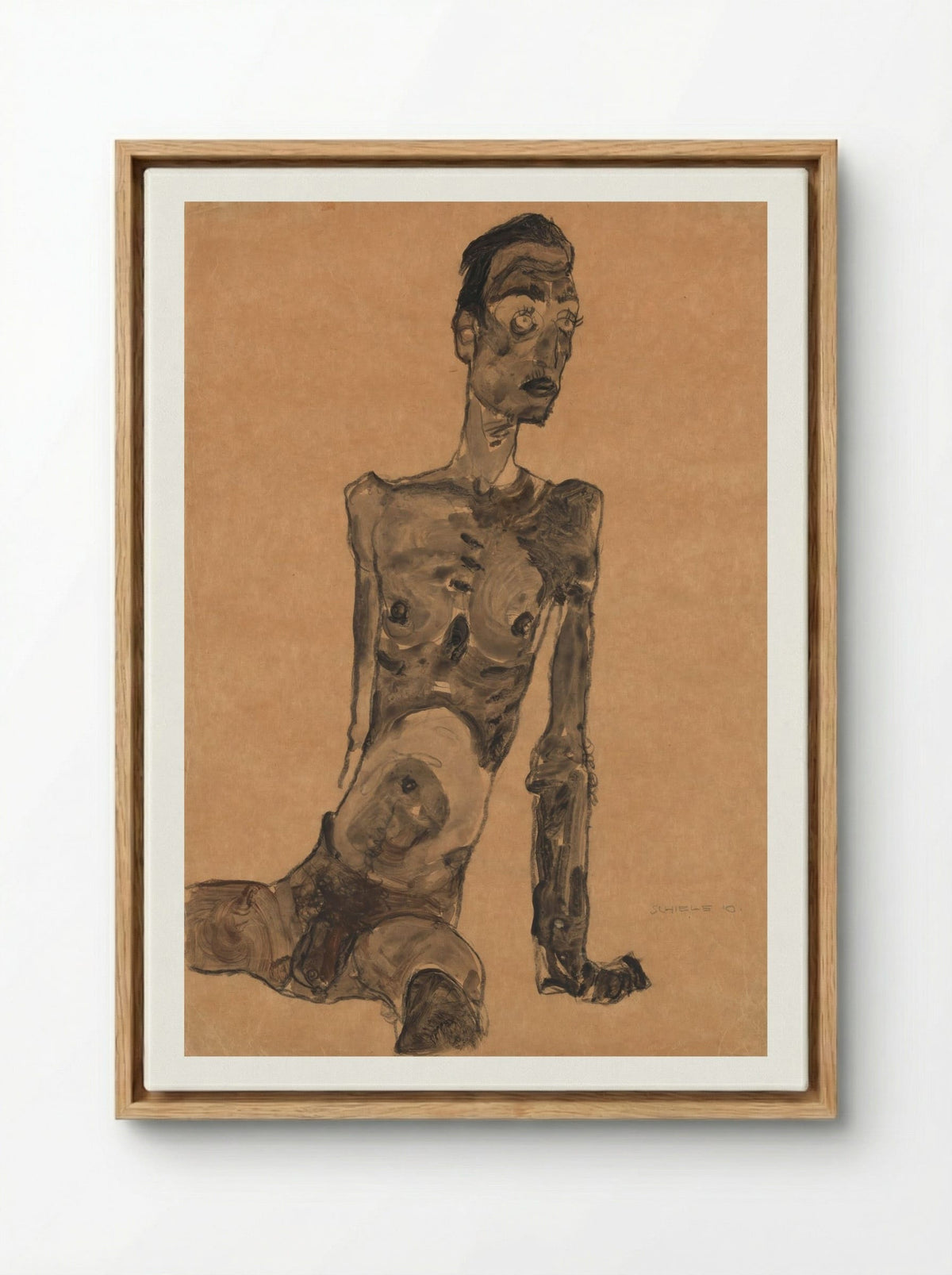 Seated Male Nude - Egon Schiele - Framed Canvas Wood
