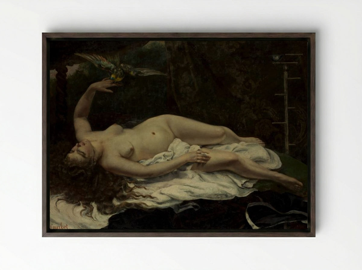 Woman with a Parrot - Gustave Courbet - Framed Canvas Dark Wood