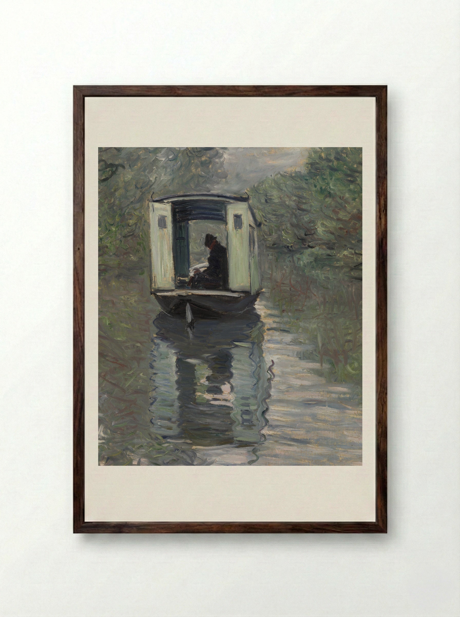 The Studio Boat (Le Bateau-atelier) - Claude Monet - Framed Print Dark Wood