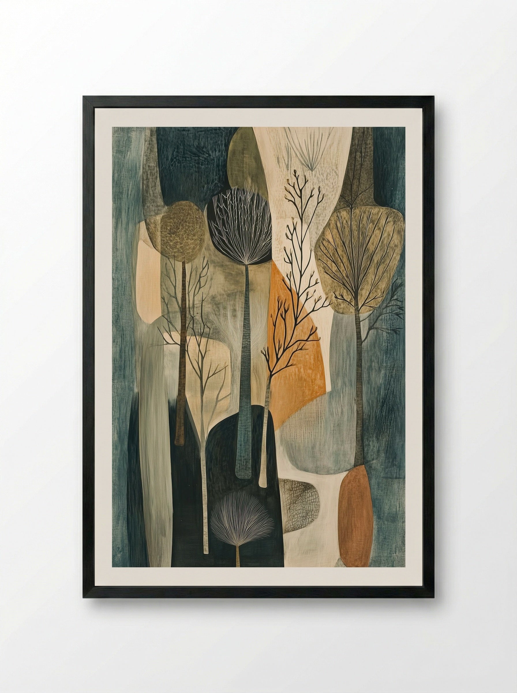 Still Grove – Modern Woodland Silhouette in Earth Tones - Framed Print Black
