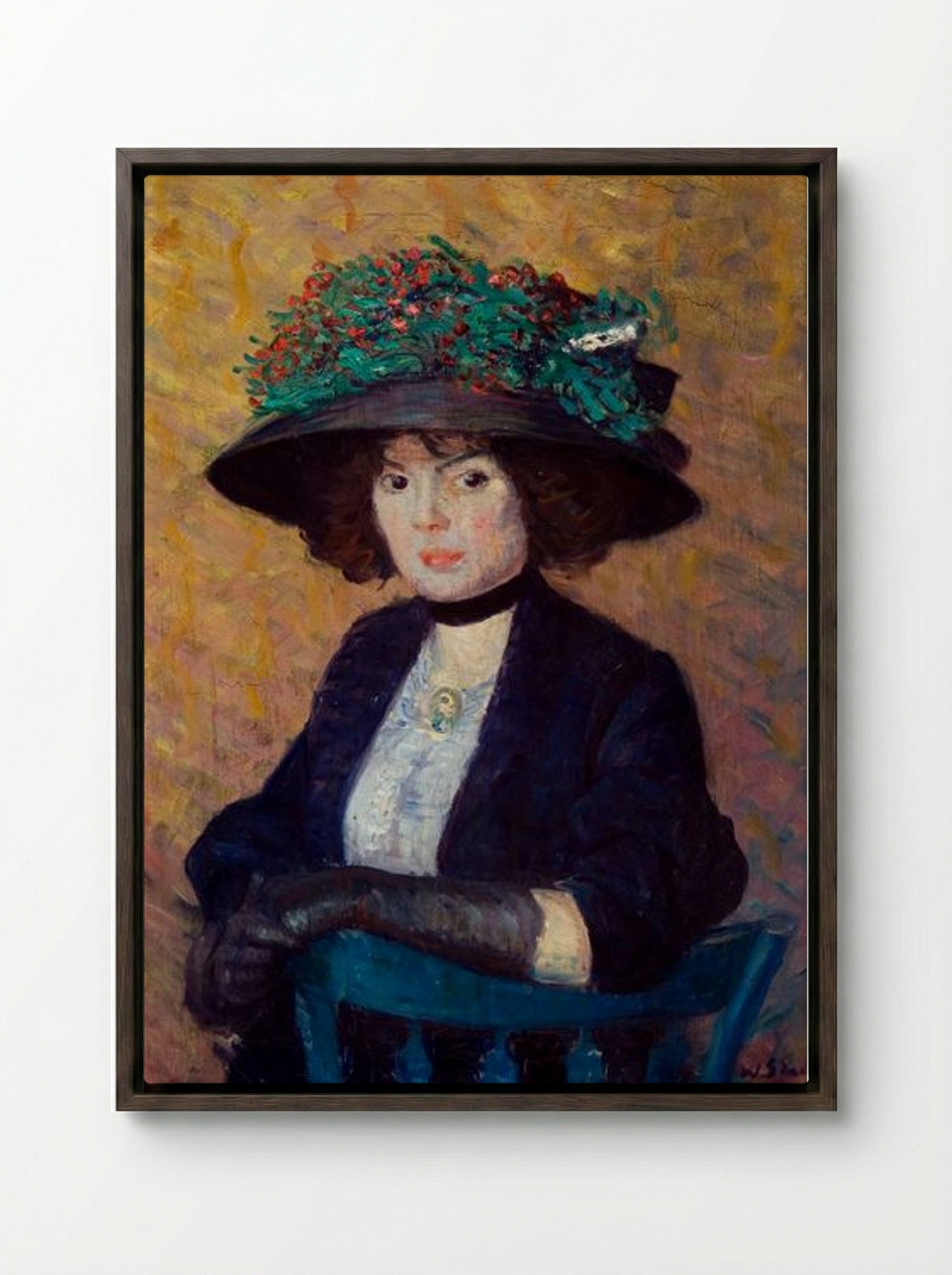 Woman with Green Hat - William James Glackens - Framed Canvas Dark Wood