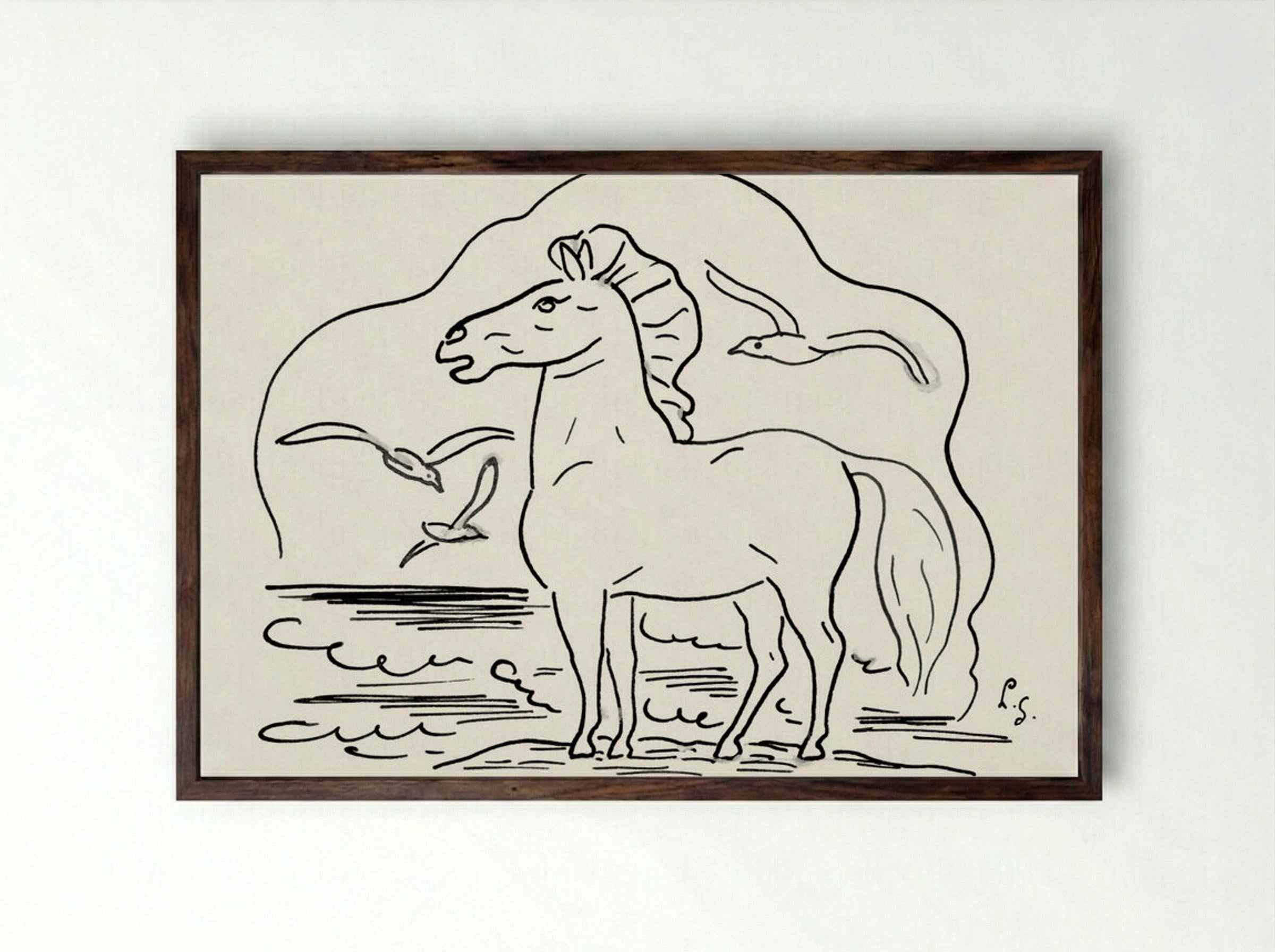 Horse in the Surf with Three Seagulls - Leo Gestel - Framed Print Dark Wood