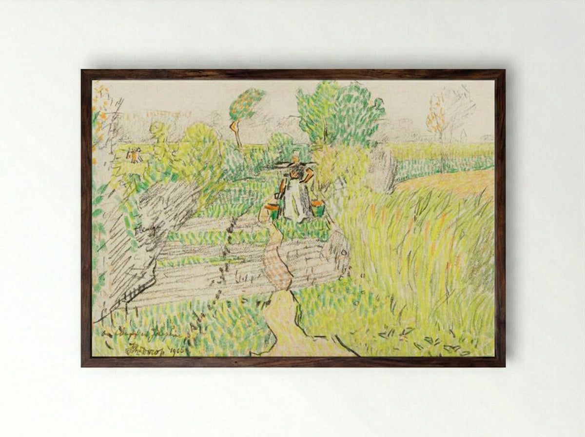 Peasant Woman with Milk Buckets in a Wheat Field - Jan Toorop - Framed Print Dark Wood