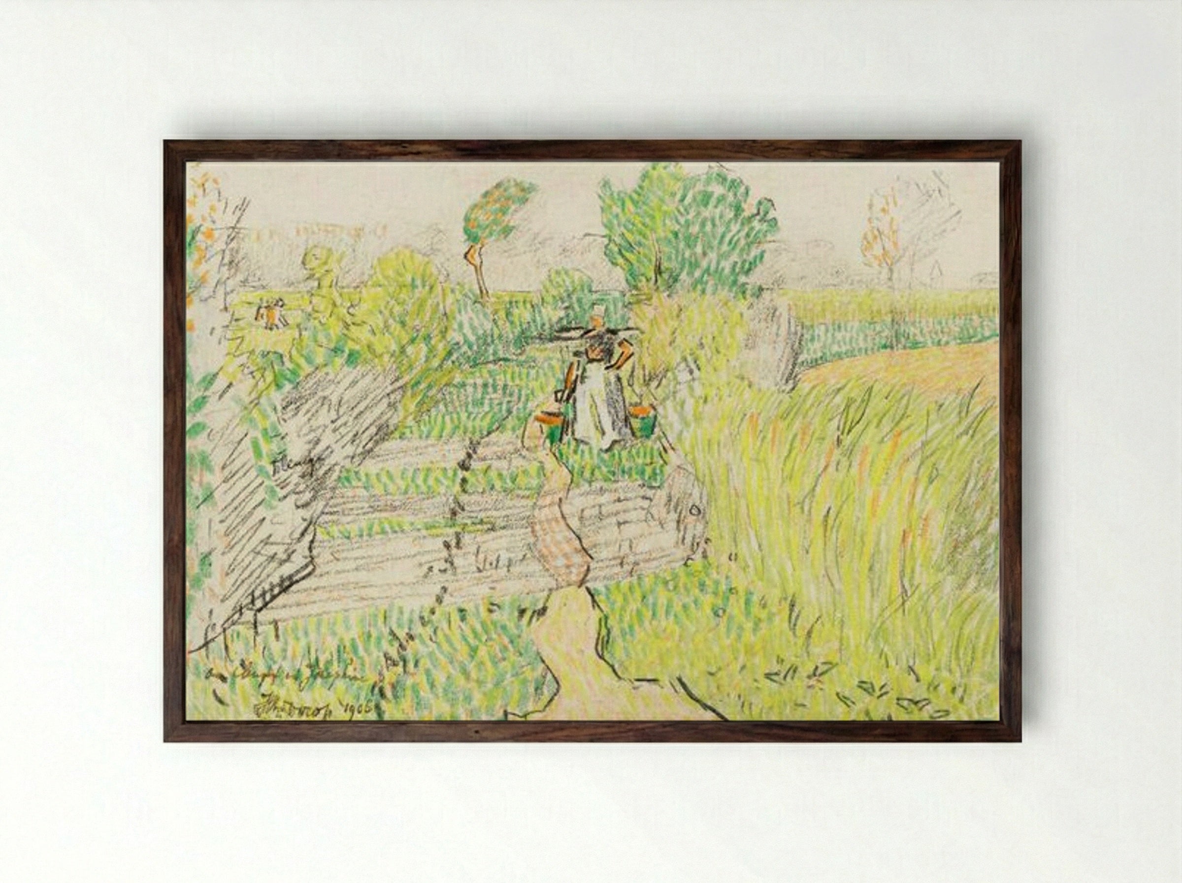 Peasant Woman with Milk Buckets in a Wheat Field - Jan Toorop - Framed Print Dark Wood