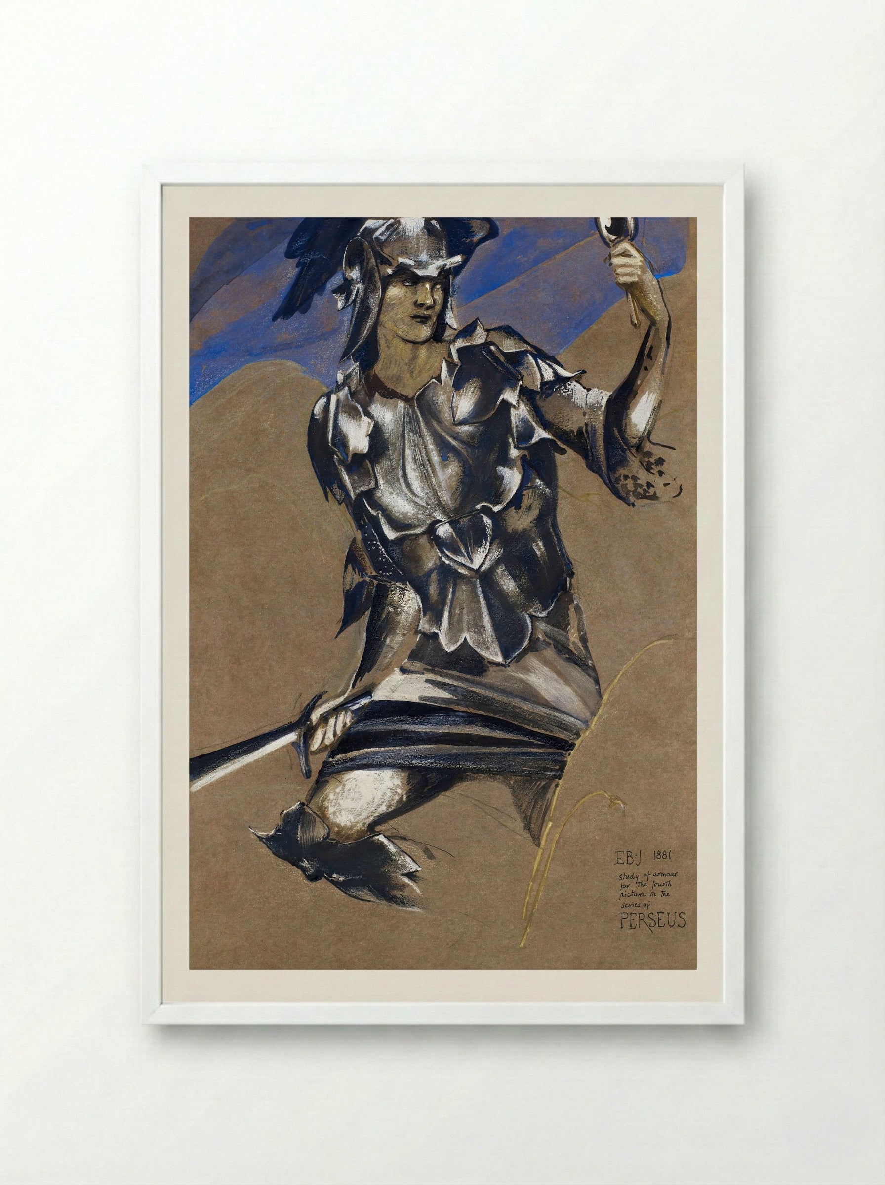 Study of Perseus in Armour for 'The Finding of Medusa' - Edward Burne-Jones - Framed Print White