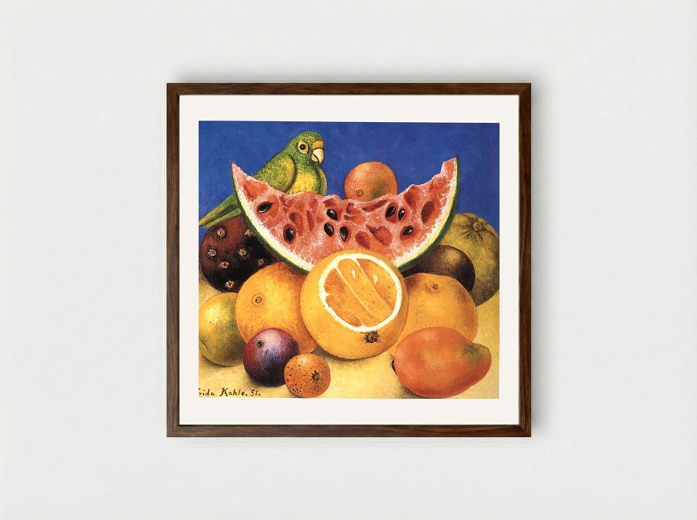 Still Life with Parrot and Fruit - Frida Kahlo - Framed Print Dark Wood