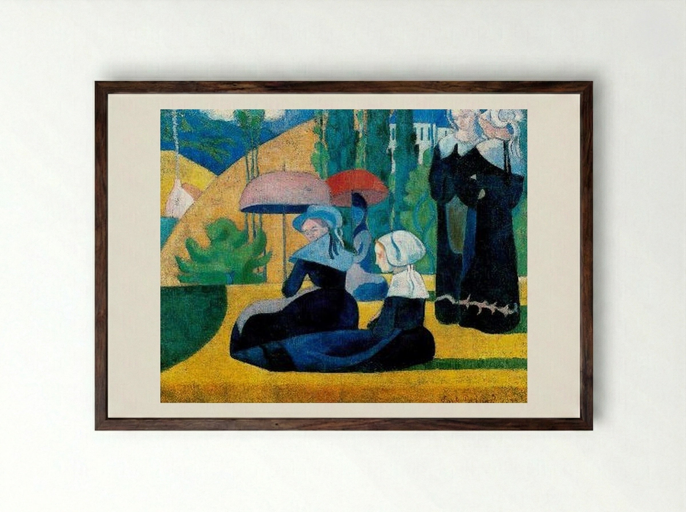 Breton Women with Parasols - Émile Bernard - Framed Print Dark Wood