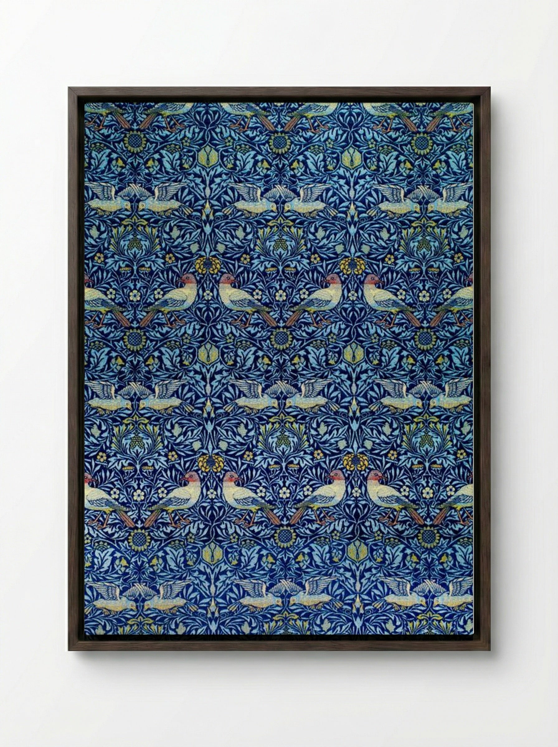 Bird (Wool Curtain Fabric Design) - William Morris - Framed Canvas Dark Wood