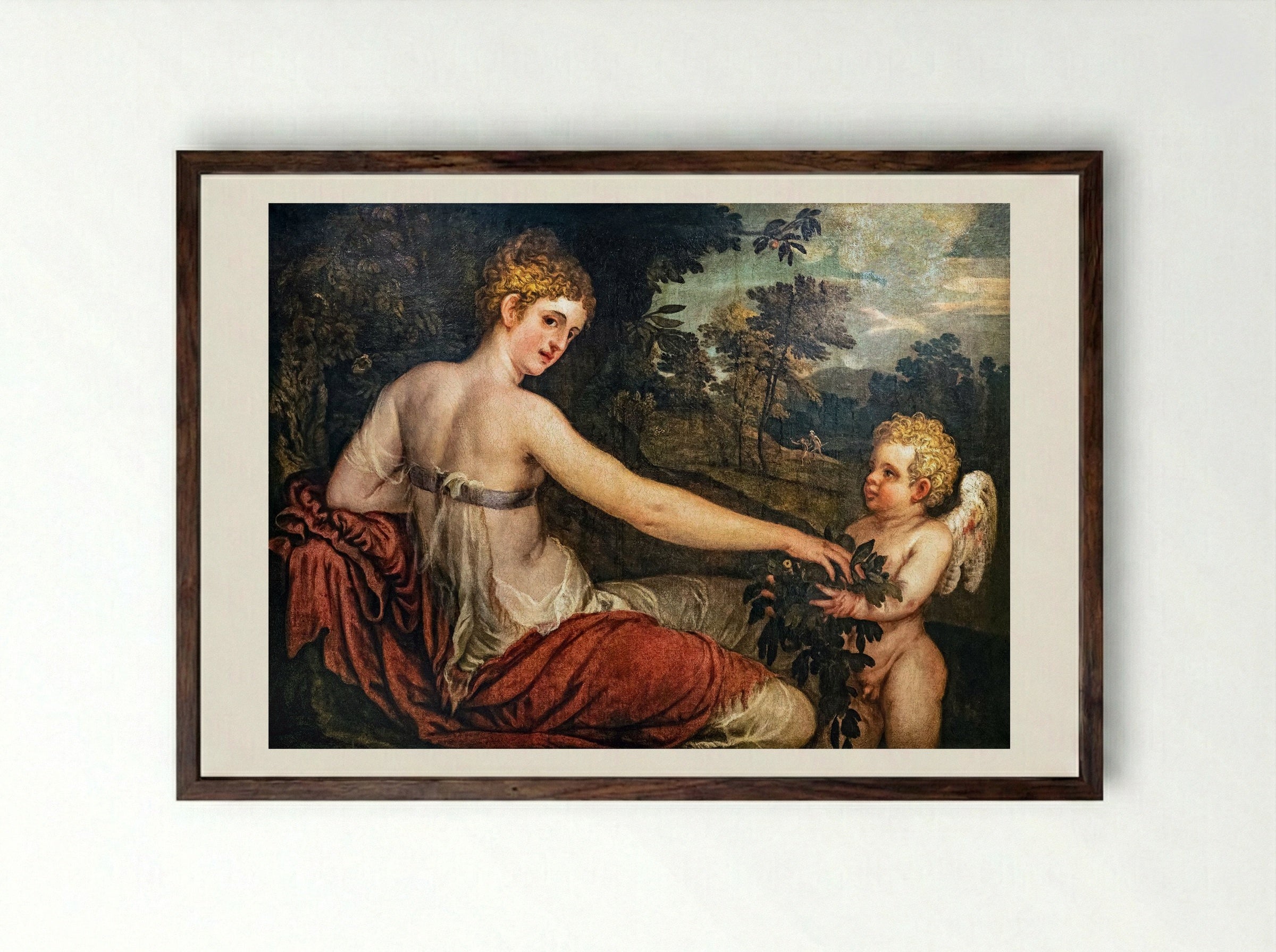 Flora with Cupid in a Landscape - Lambert Sustris - Framed Print Dark Wood