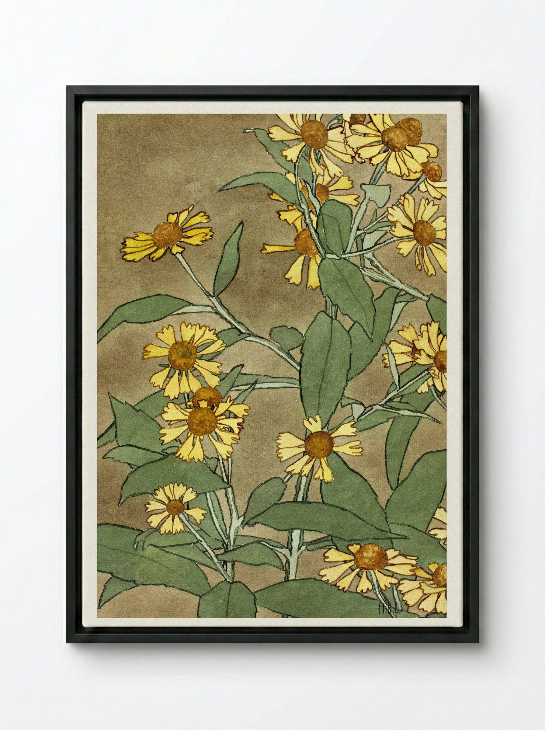 Daisies with Orange Center and Yellow Petals - Hannah Borger Overbeck - Framed Canvas Black