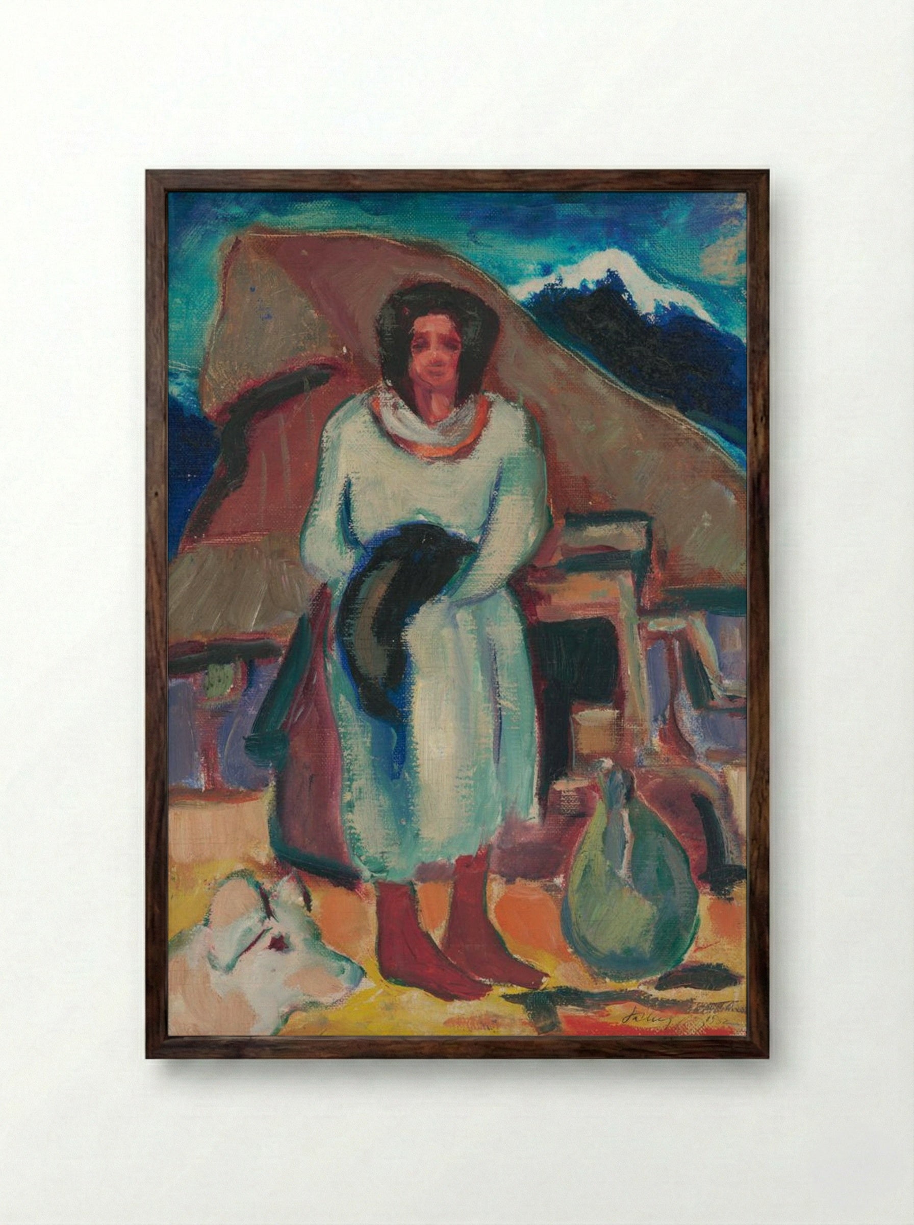 Study of a Village Girl in Front of a Cottage - Zolo Palugyay - Framed Print Dark Wood