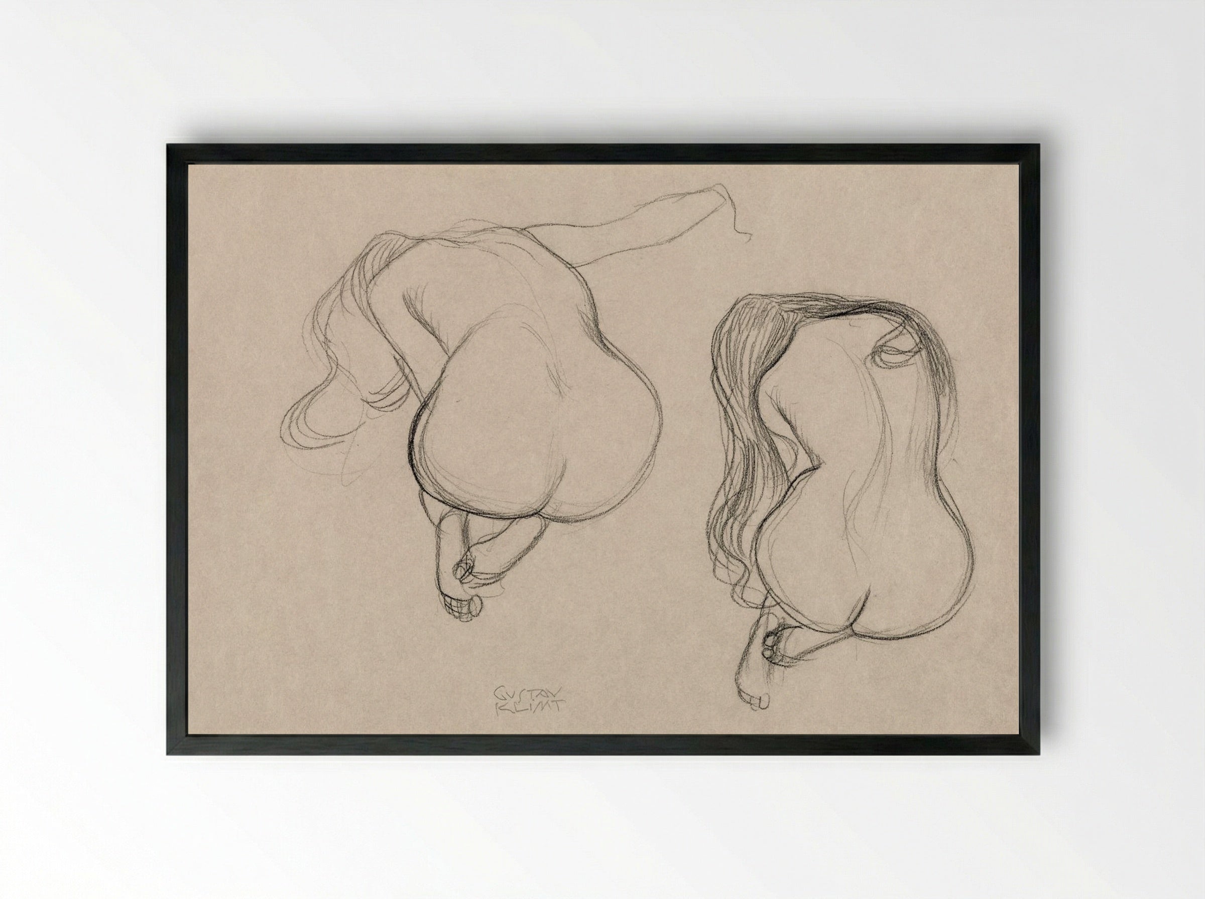 Two Studies of a Seated Nude with Long Hair - Gustav Klimt - Framed Print Black