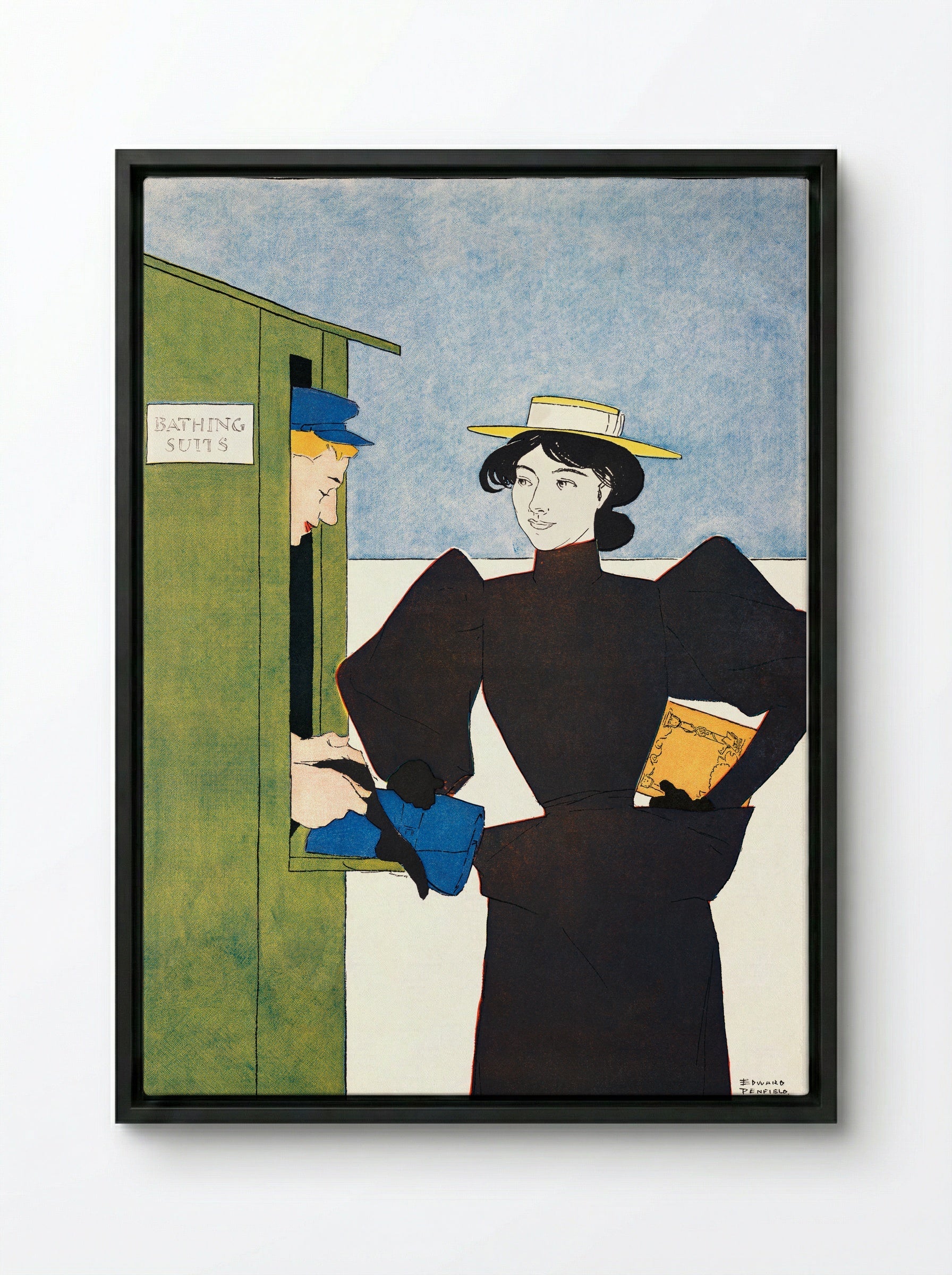 Woman Picking Up Bathing Suits - Edward Penfield - Framed Canvas Black