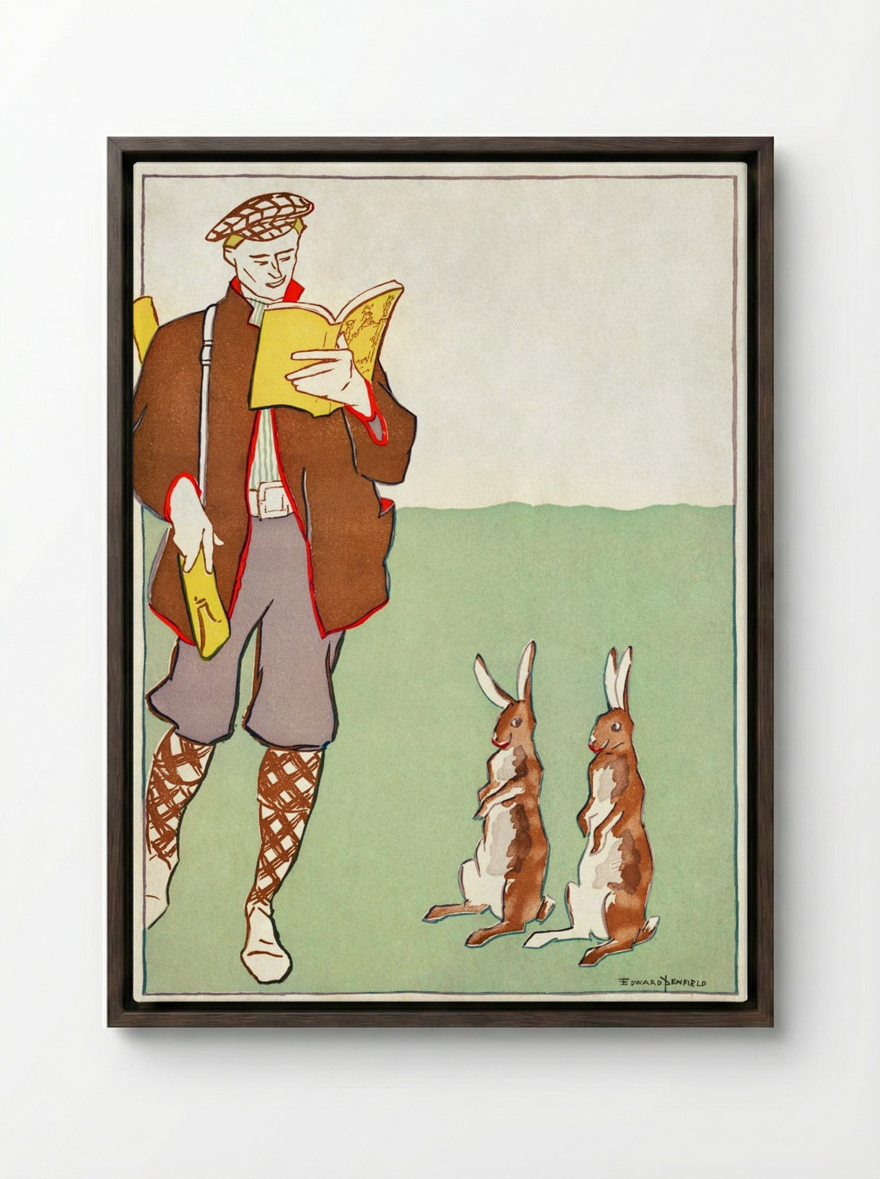 Man Reading a Book with Hares - Edward Penfield - Framed Canvas Dark Wood
