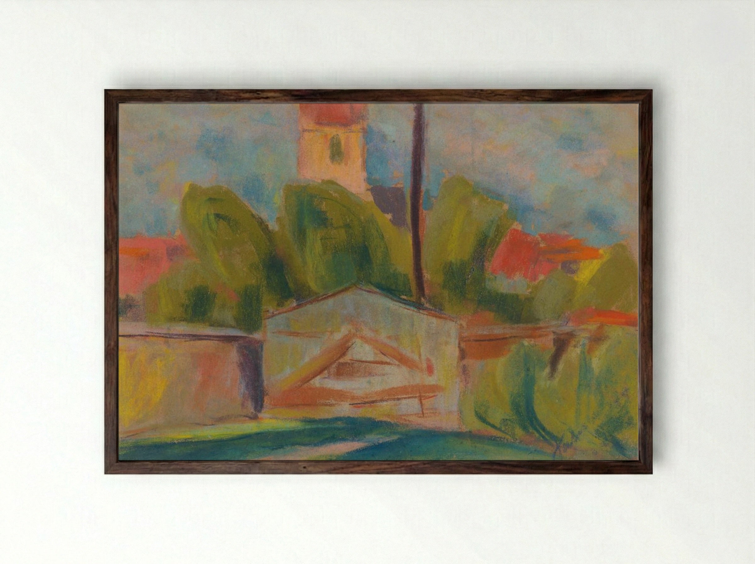 Village with a Church - Zolo Palugyay - Framed Print Dark Wood