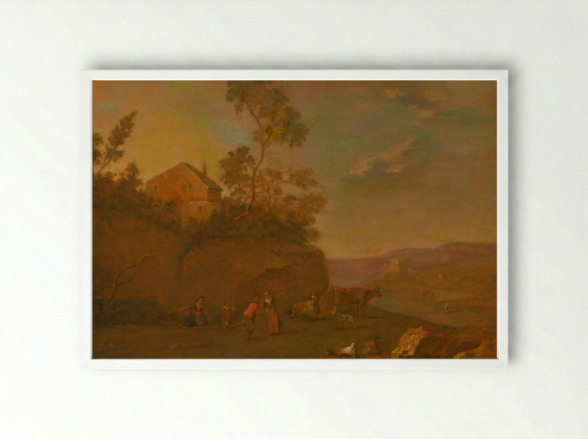 Early Evening: Landscape with Figures and Cattle - Thomas Gainsborough - Framed Print White
