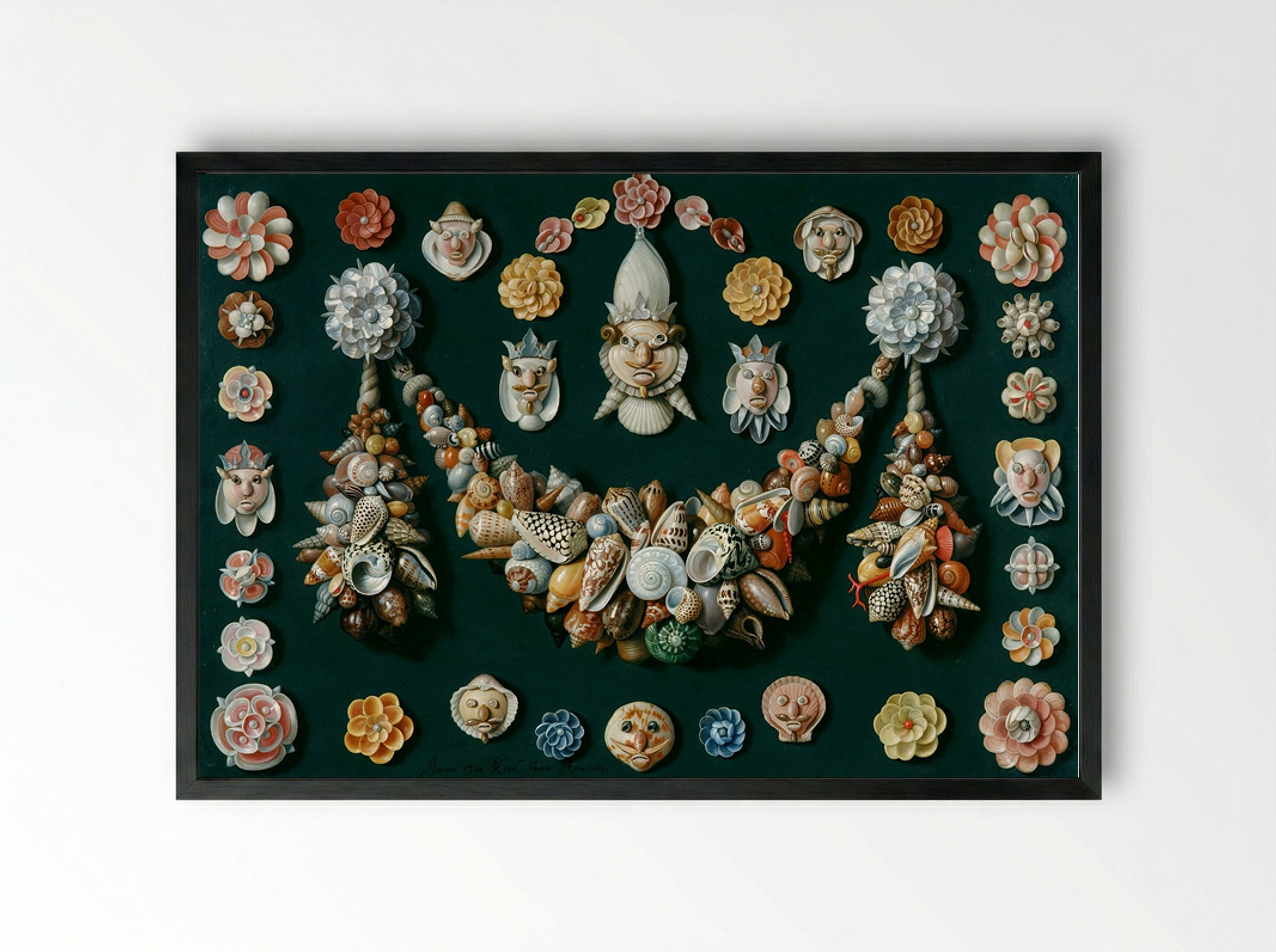 Festoon, Masks and Rosettes Made of Shells - Jan van Kessel the Elder - Framed Print Black