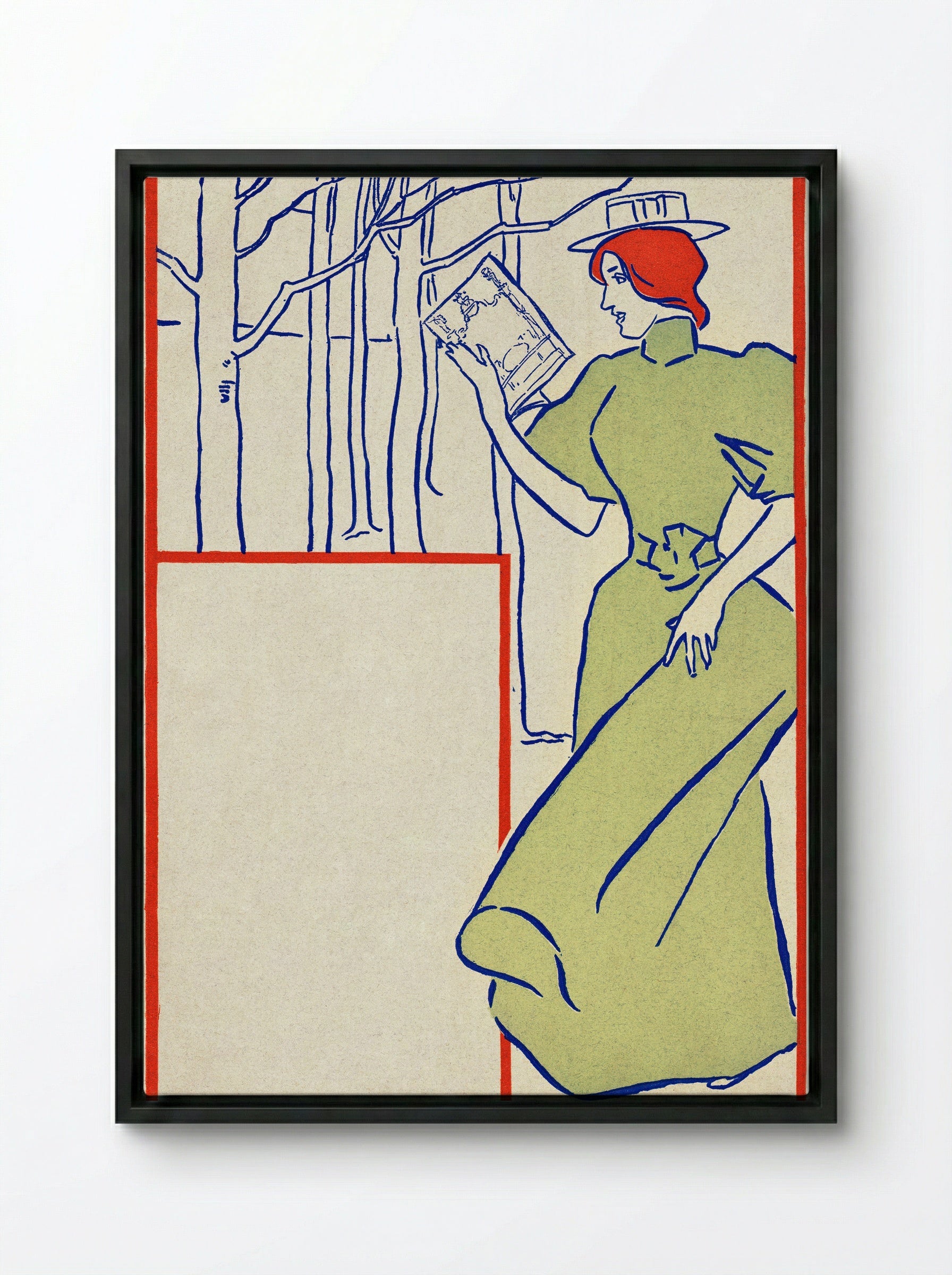 Woman in Green Dress Reading a Book - Edward Penfield - Framed Canvas Black