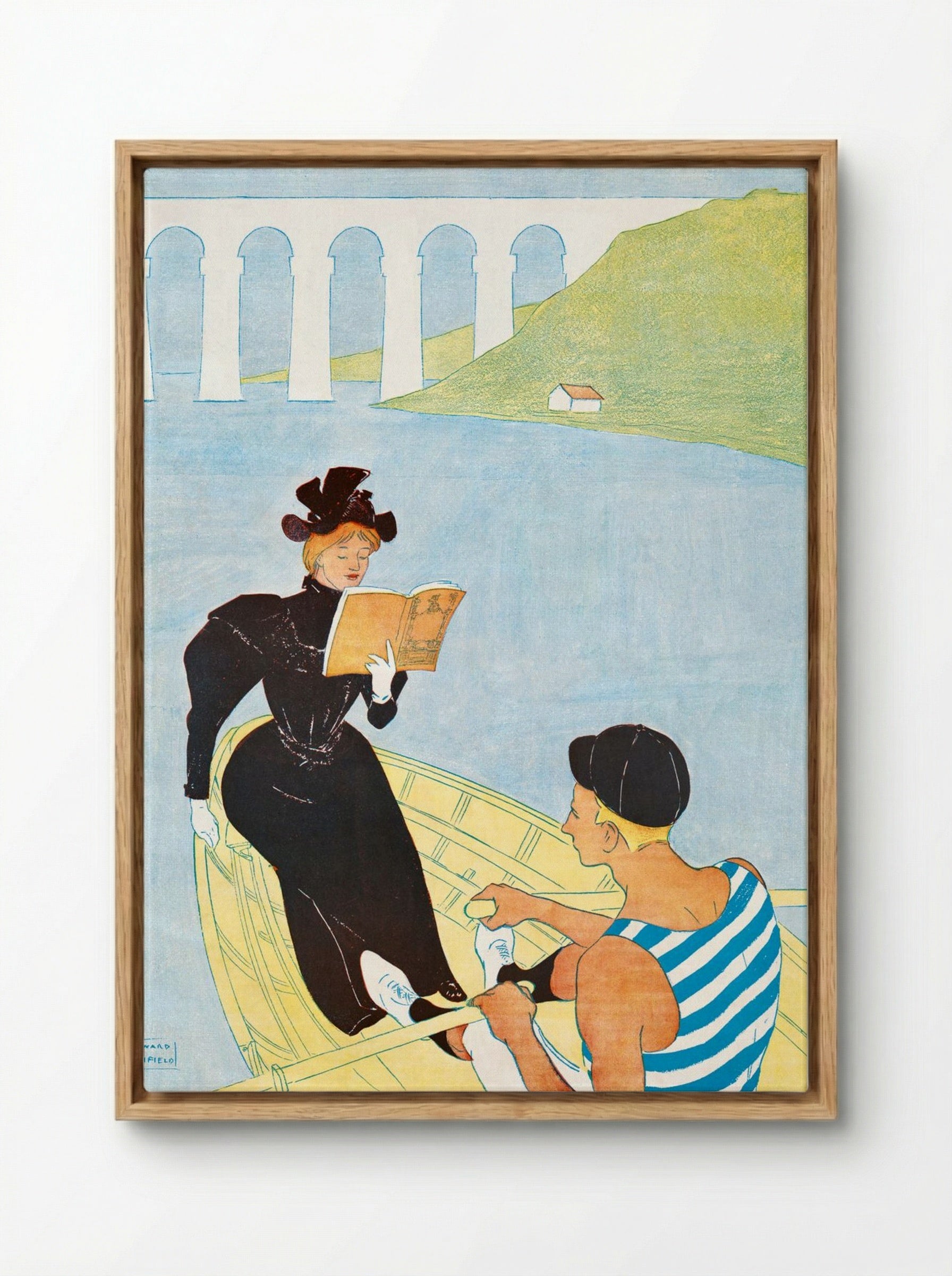 Woman Reading in a Row Boat - Edward Penfield - Framed Canvas Wood