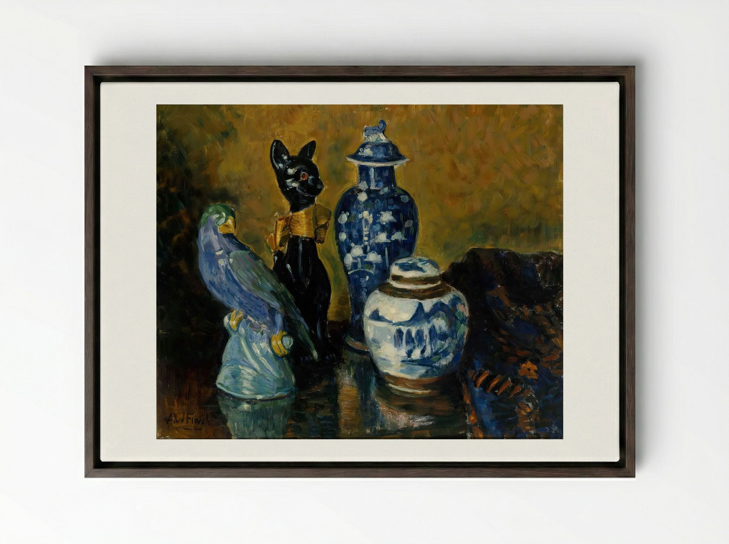 Still Life with Blue Figurines - Alfred William Finch - Framed Canvas Dark Wood