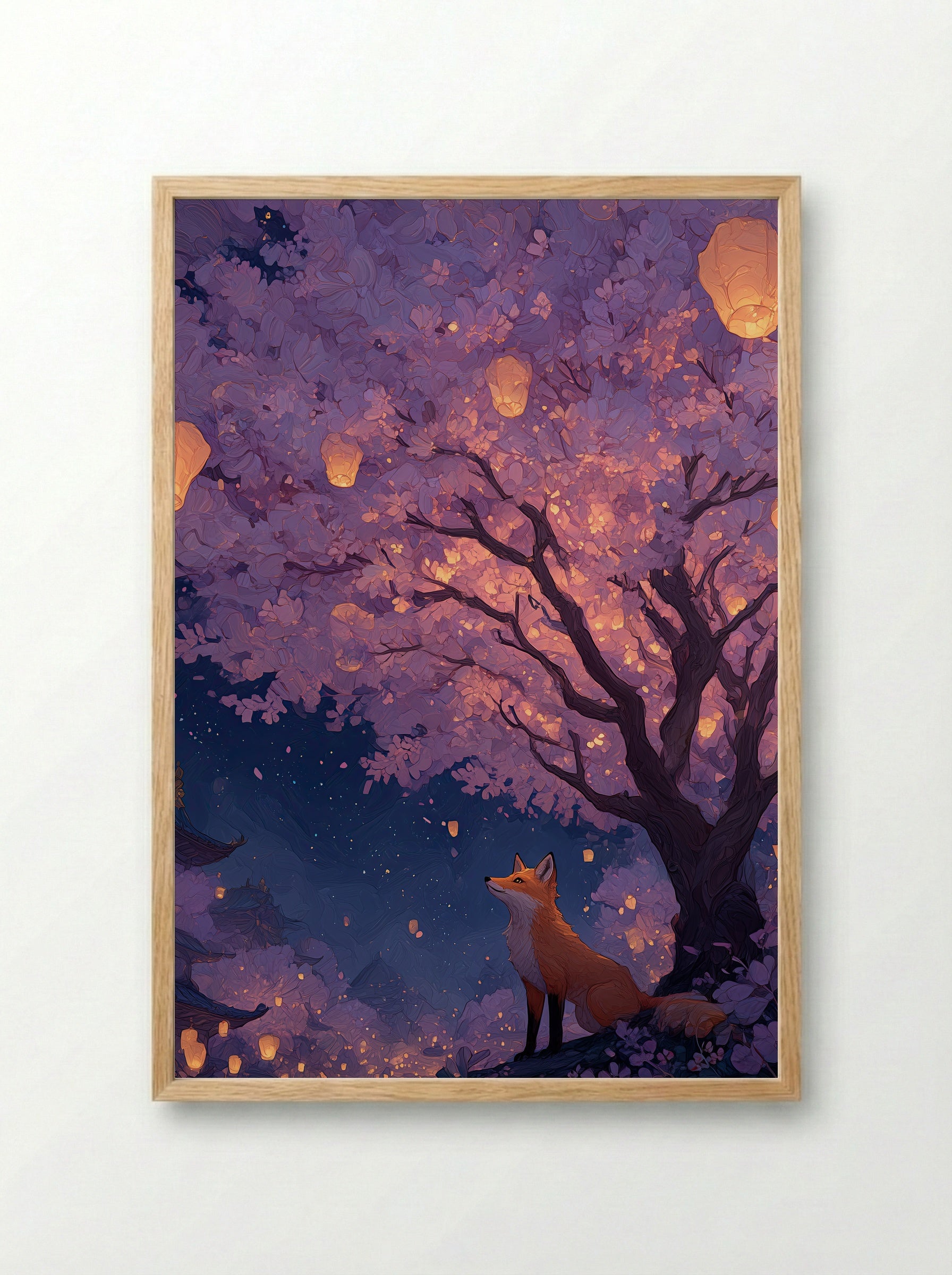 Fox Under Lantern Blossom – Dreamy Sakura Tree Art Print - Framed Print Wood