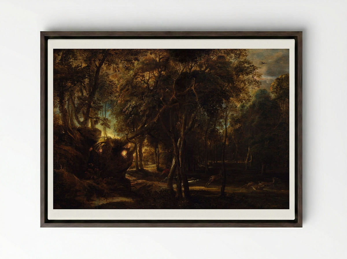 A Forest at Dawn with a Deer Hunt - Peter Paul Rubens - Framed Canvas Dark Wood