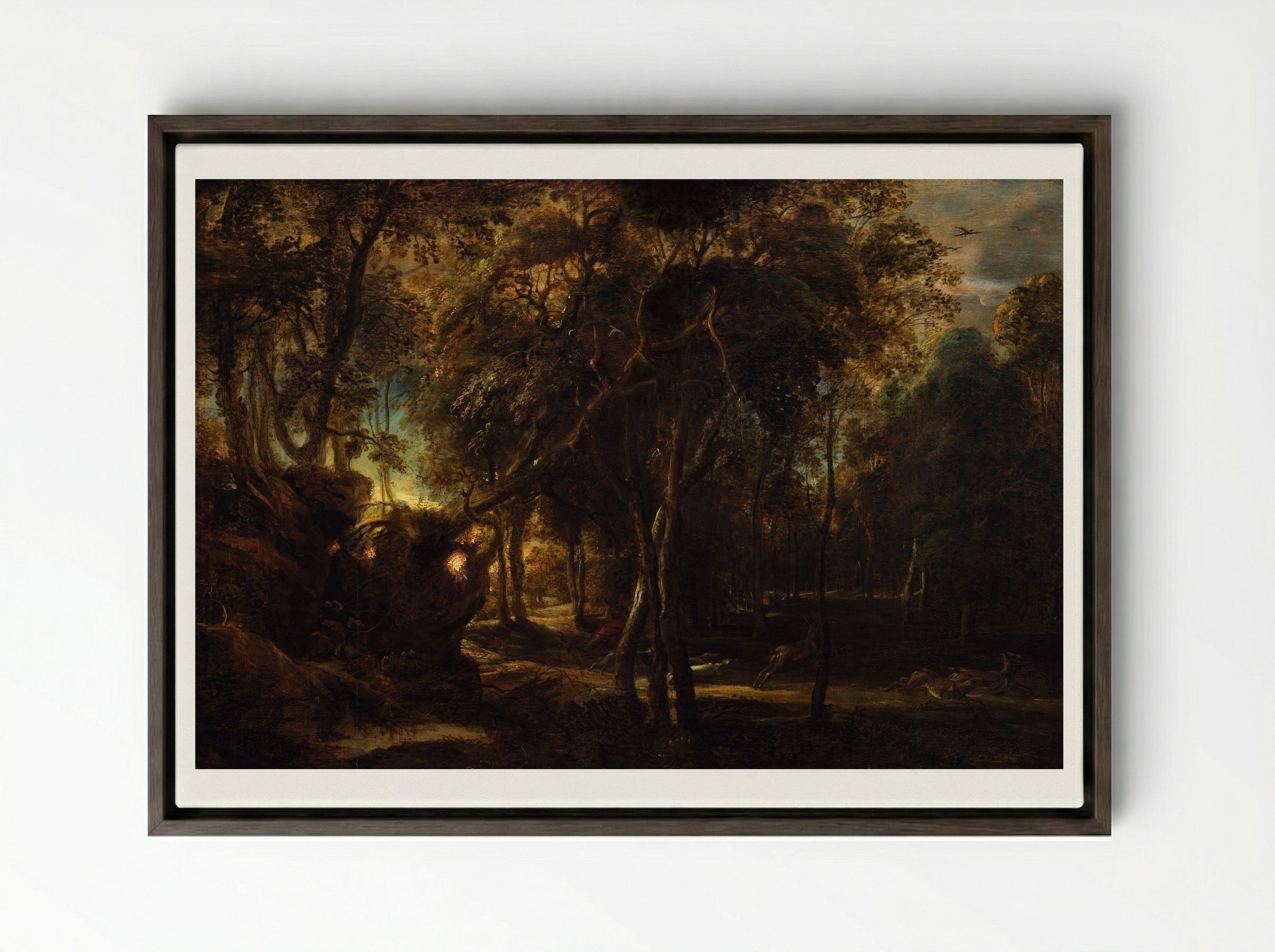 A Forest at Dawn with a Deer Hunt - Peter Paul Rubens - Framed Canvas Dark Wood
