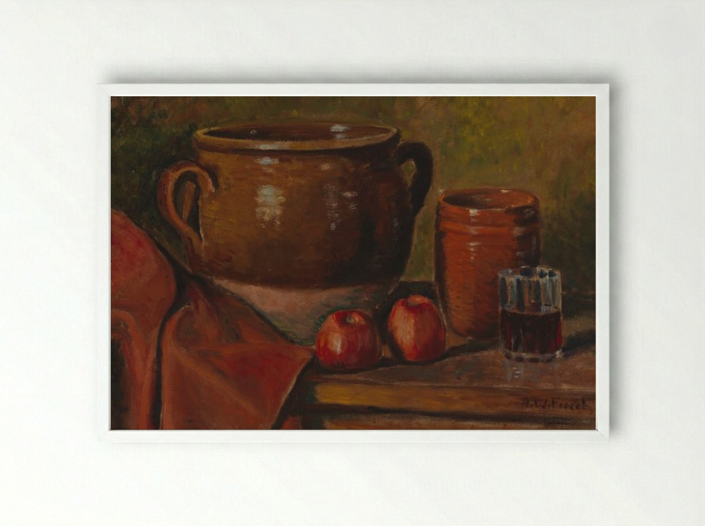 Still Life with Pottery and Apples - Alfred William Finch - Framed Print White