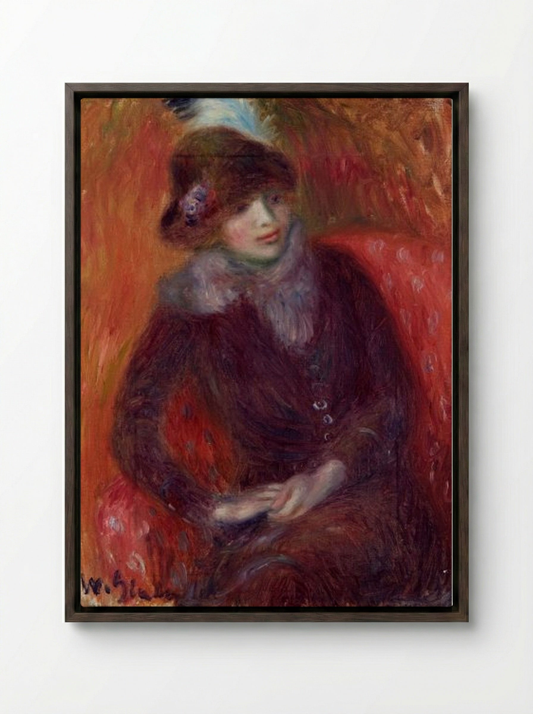 Seated Woman with Fur Neckpiece and Red Background - William James Glackens - Framed Canvas Dark Wood