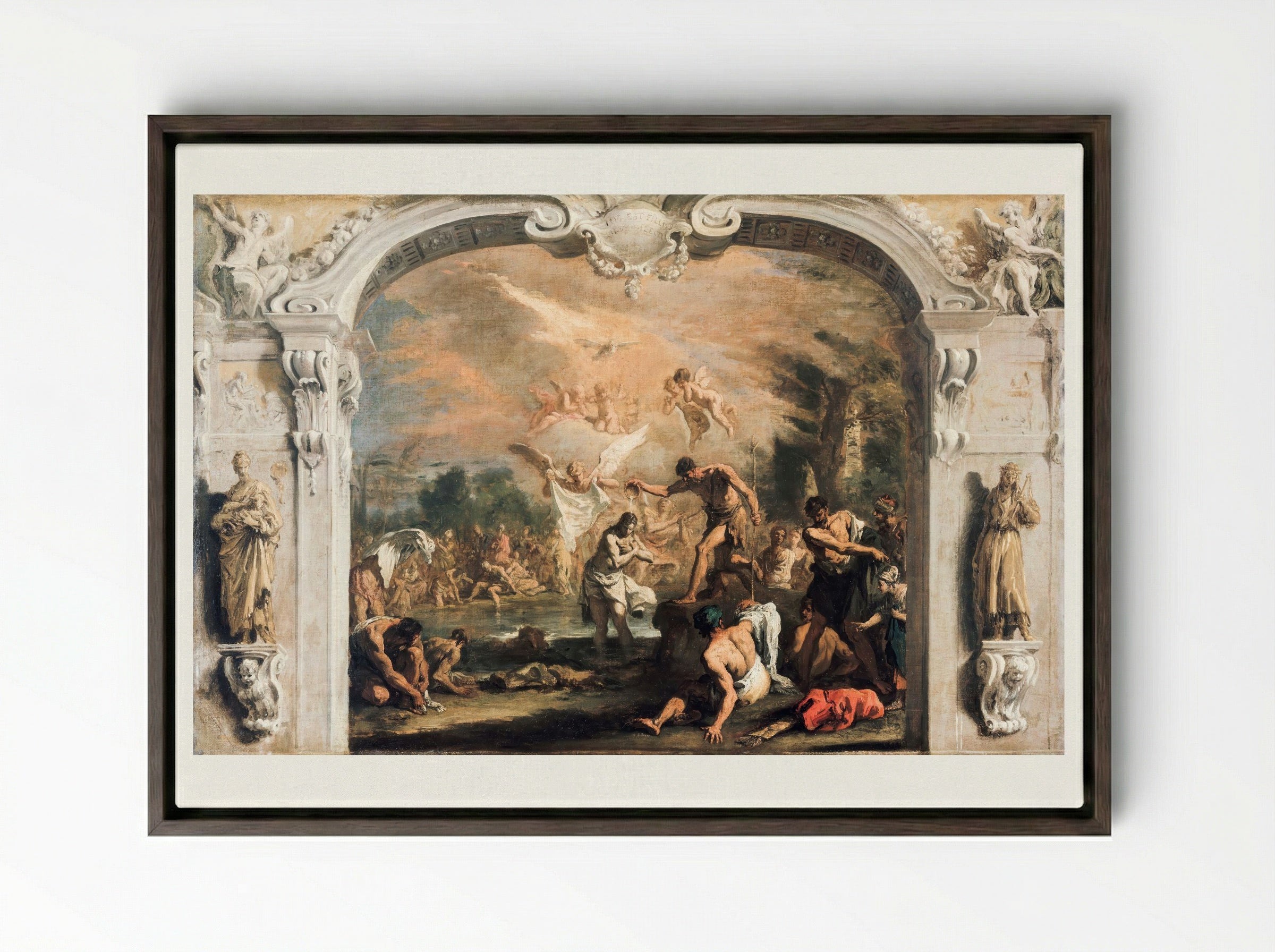 The Baptism of Christ - Sebastiano Ricci - Framed Canvas Dark Wood