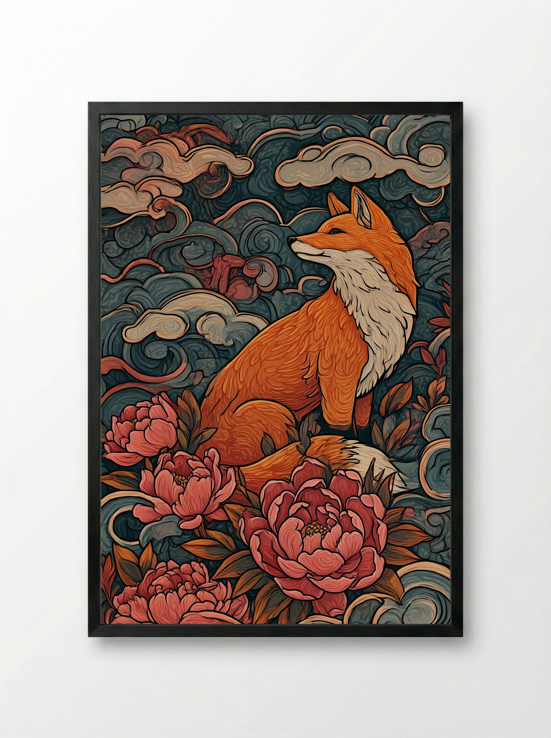 Fox Among Peonies - Japanese Inspired Art Print - Framed Print Black