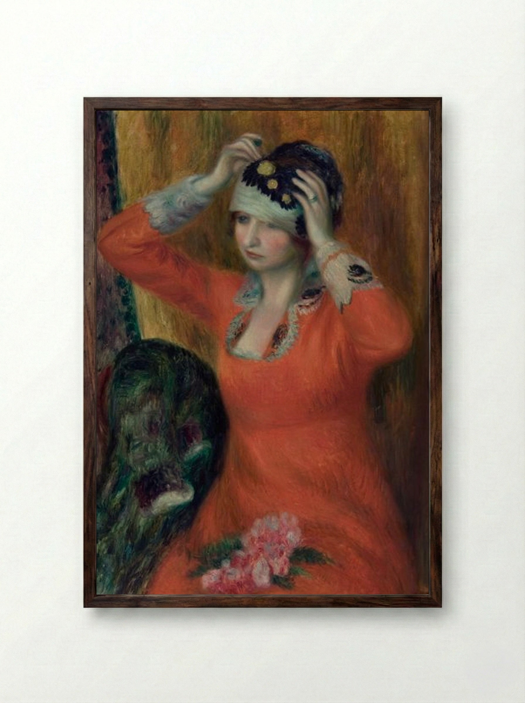 Girl in Red Dress Pinning on Hat - William James Glackens - Framed Print Dark Wood