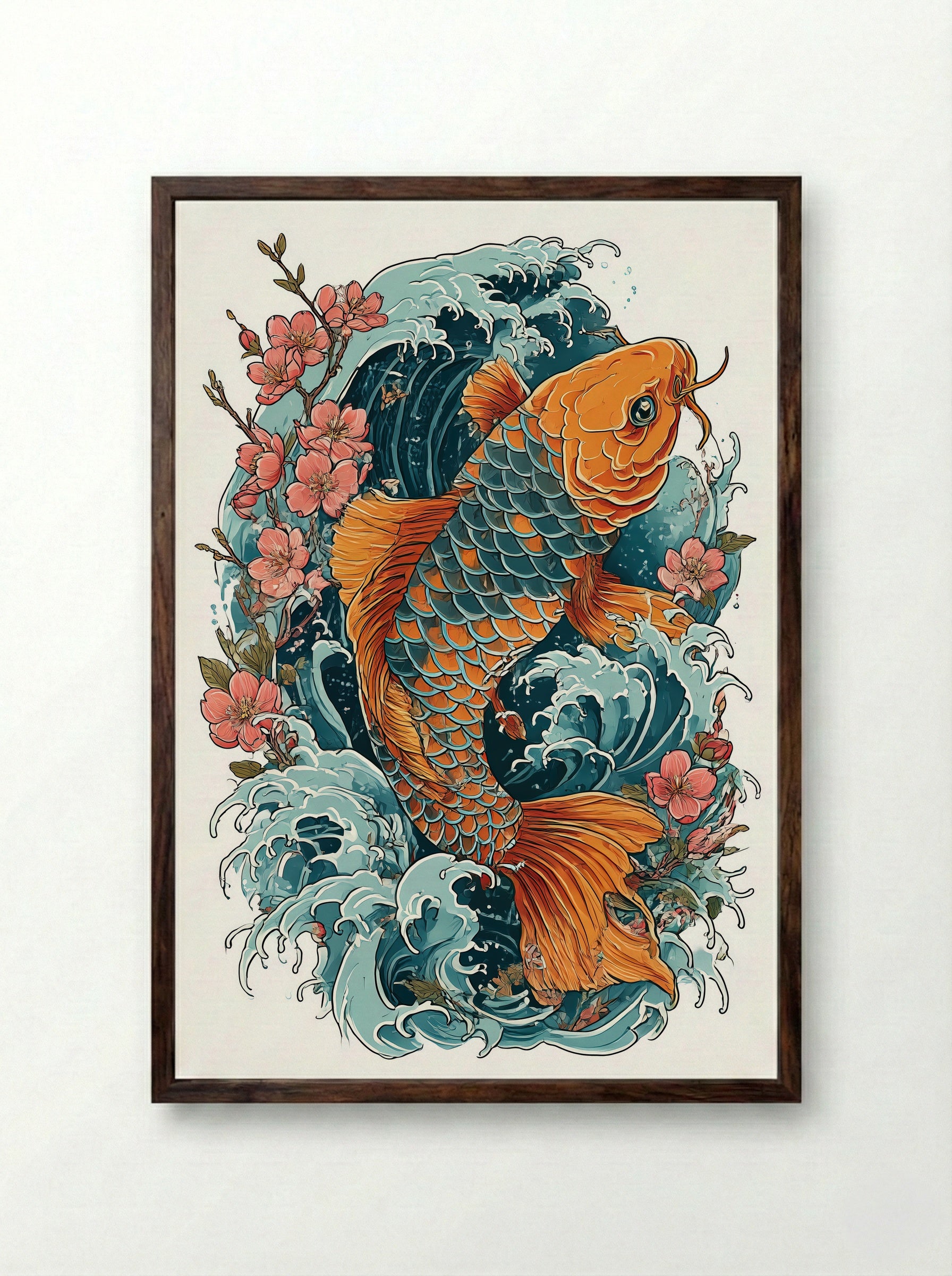 Koi Fish and Cherry Blossoms - Japanese Symbolic Art Print - Framed Print Dark Wood