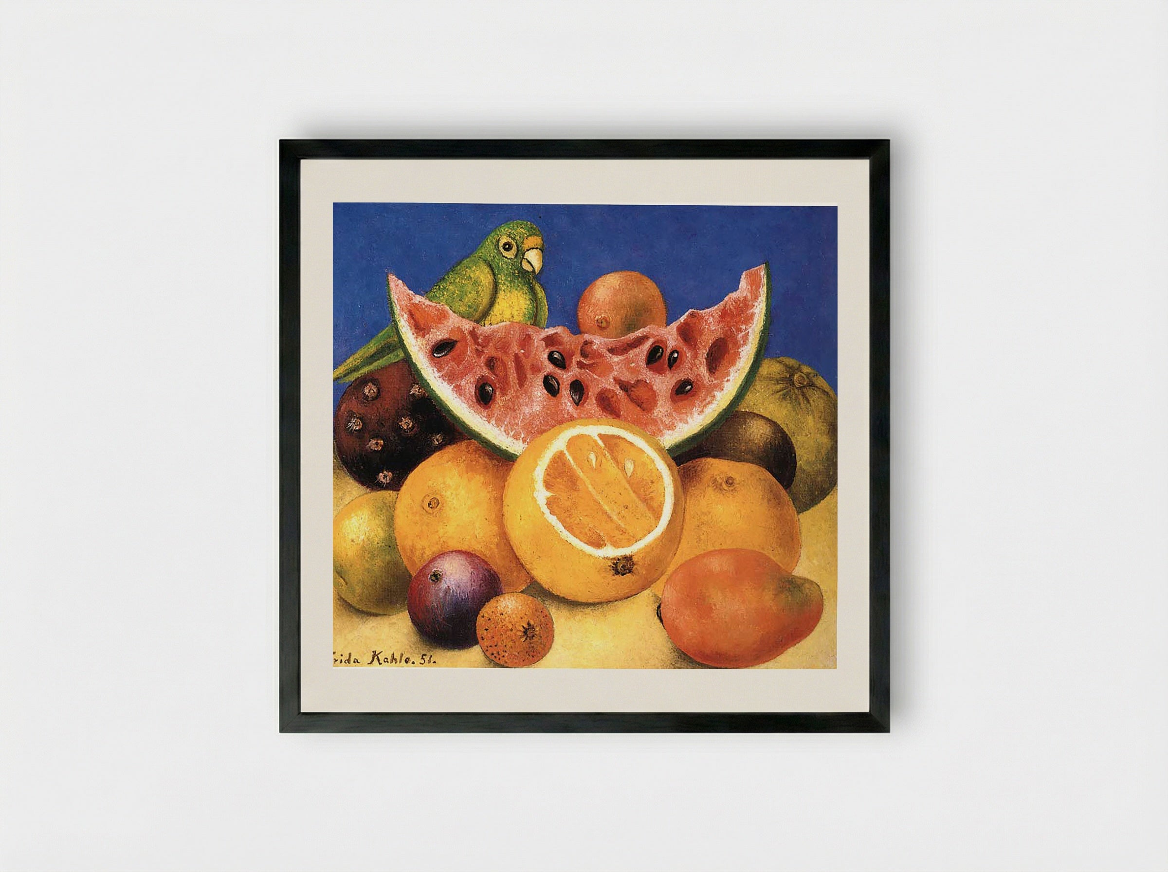 Still Life with Parrot and Fruit - Frida Kahlo - Framed Print Black