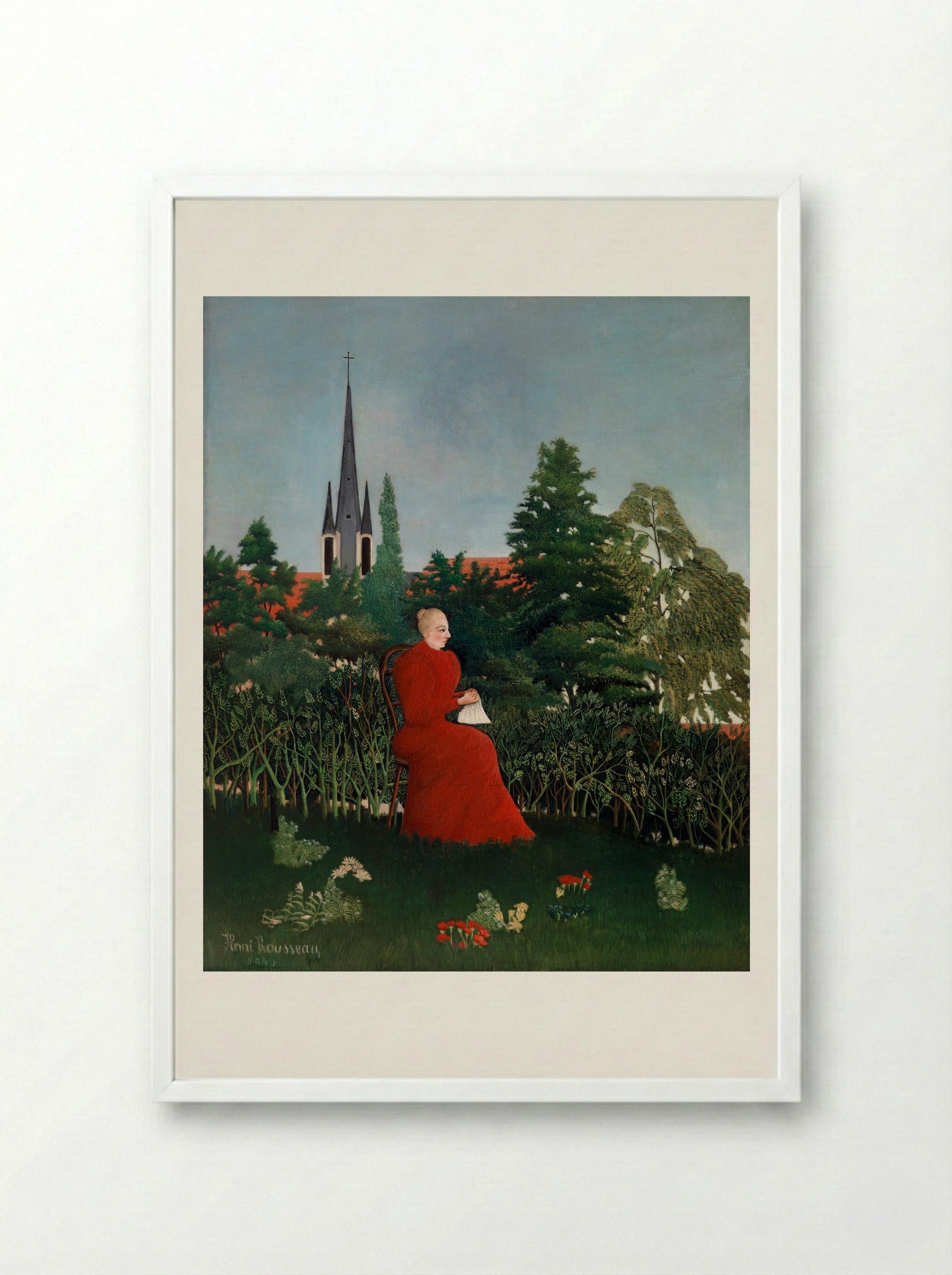 Portrait of a Woman in a Landscape - Henri Rousseau - Framed Print White