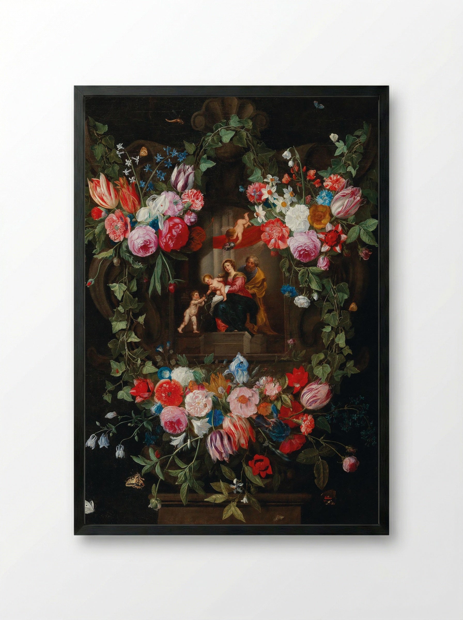 A Wreath of Flowers Surrounding a Cartouche with the Holy Family and Putti - Jan van Kessel the Elder - Framed Print Black