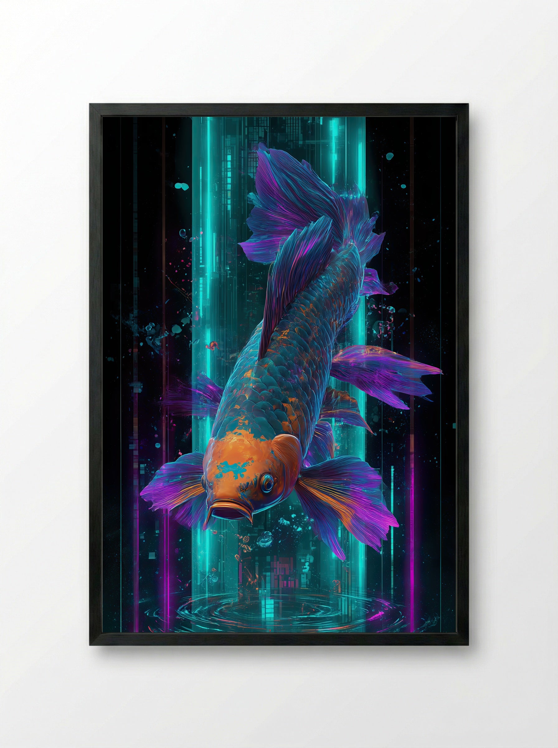 Neon Koi No.1 – Electric Teal & Violet Holographic Print - Framed Print Black