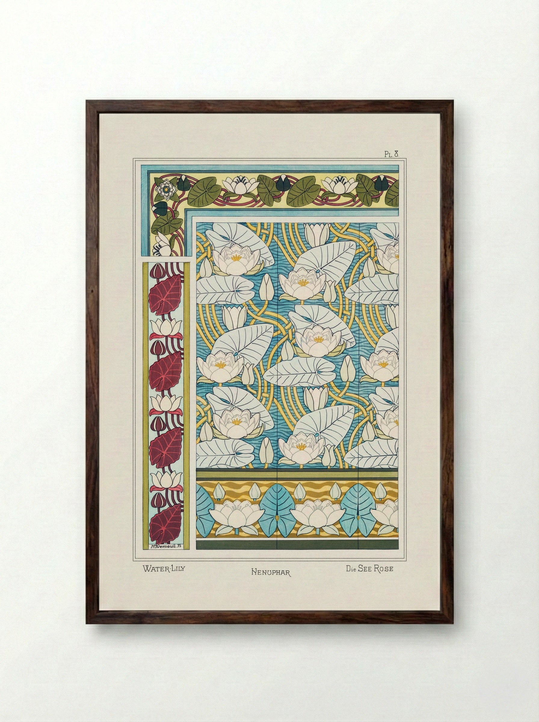 Nénuphar (Water Lilies) from La Plante et ses Applications ornementales - Maurice Pillard Verneuil - Framed Print Dark Wood