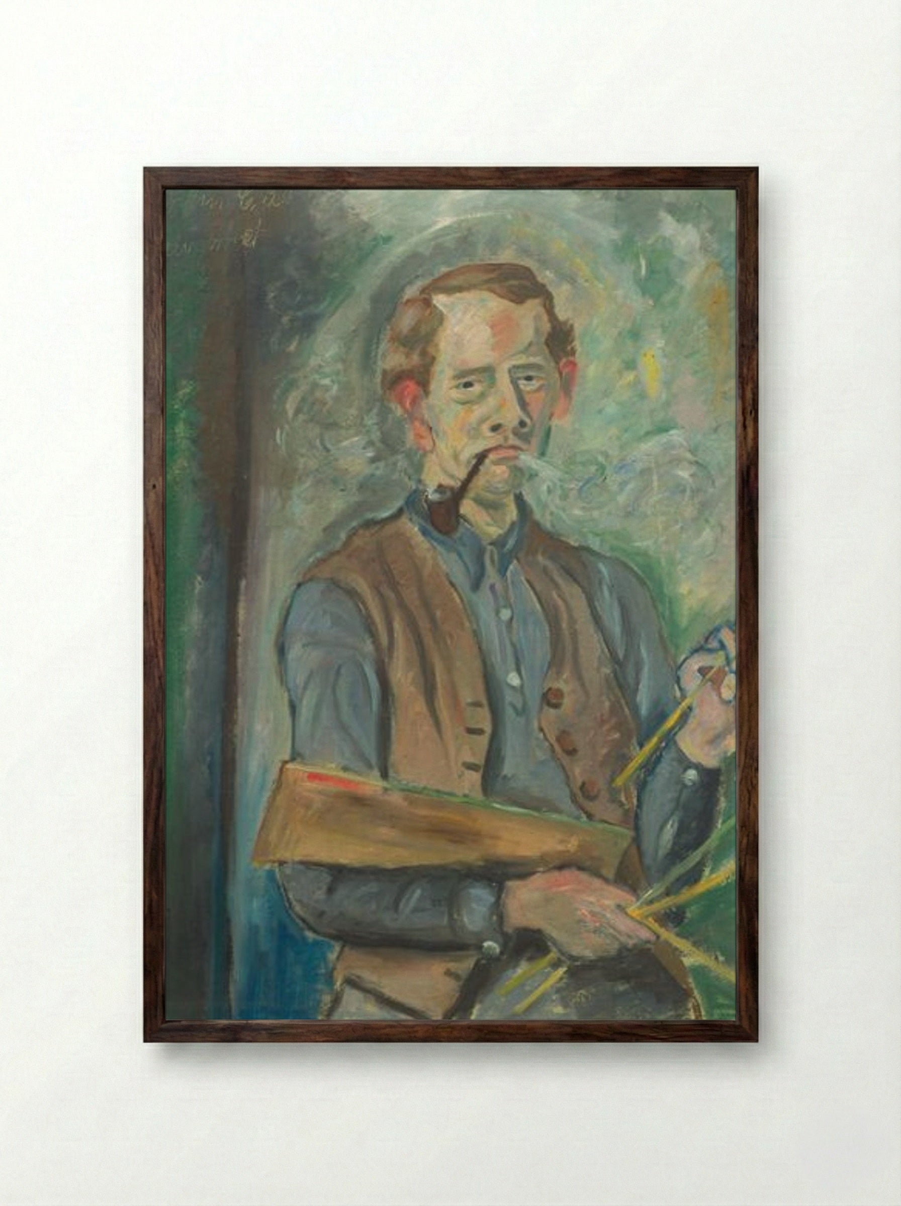 Self-Portrait with Pipe and Palette - John Christensen - Framed Print Dark Wood