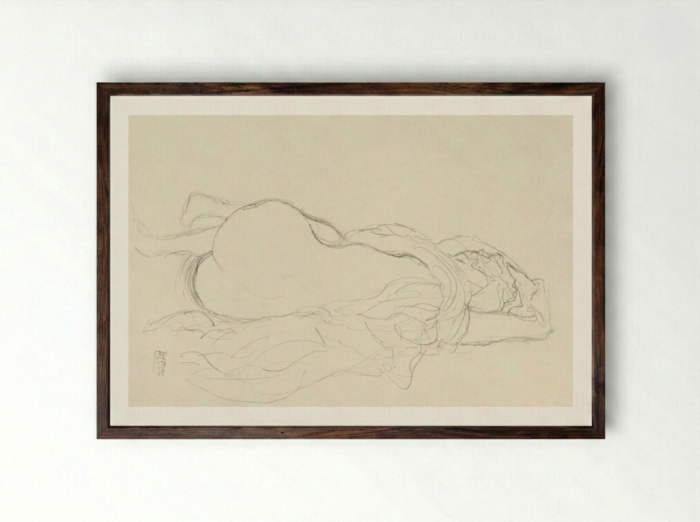 Reclining Nude with Drapery, Back View - Gustav Klimt - Framed Print Dark Wood