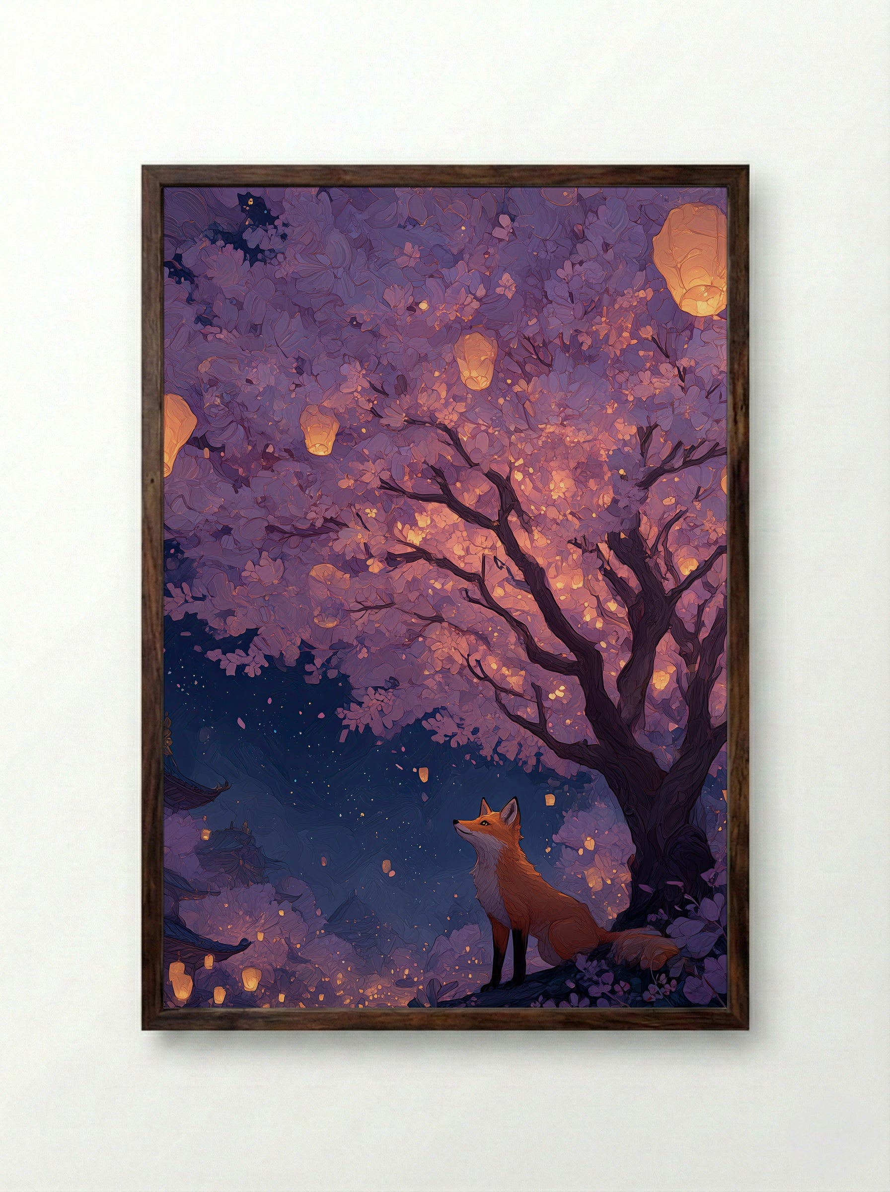Fox Under Lantern Blossom – Dreamy Sakura Tree Art Print - Framed Print Dark Wood