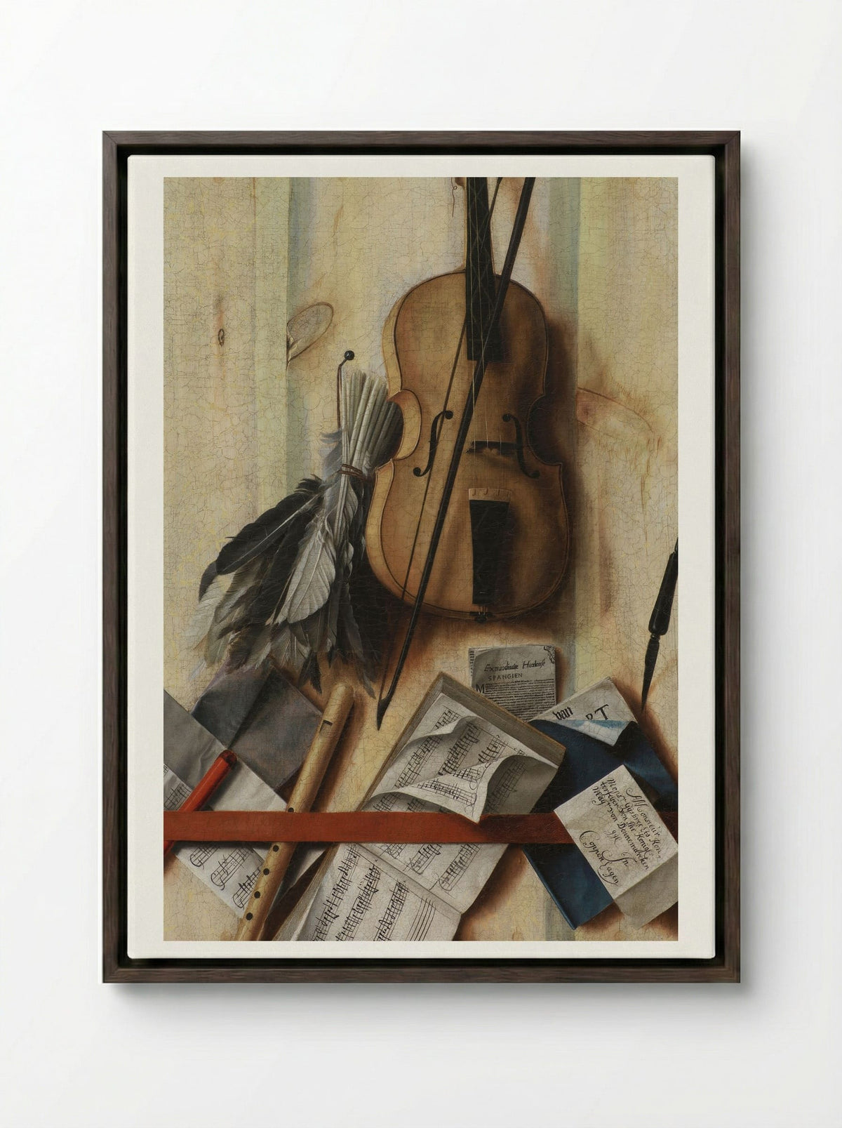 Trompe l'oeil with violin, sheet music and recorder - Cornelis Norbertus Gysbrechts - Framed Canvas Dark Wood