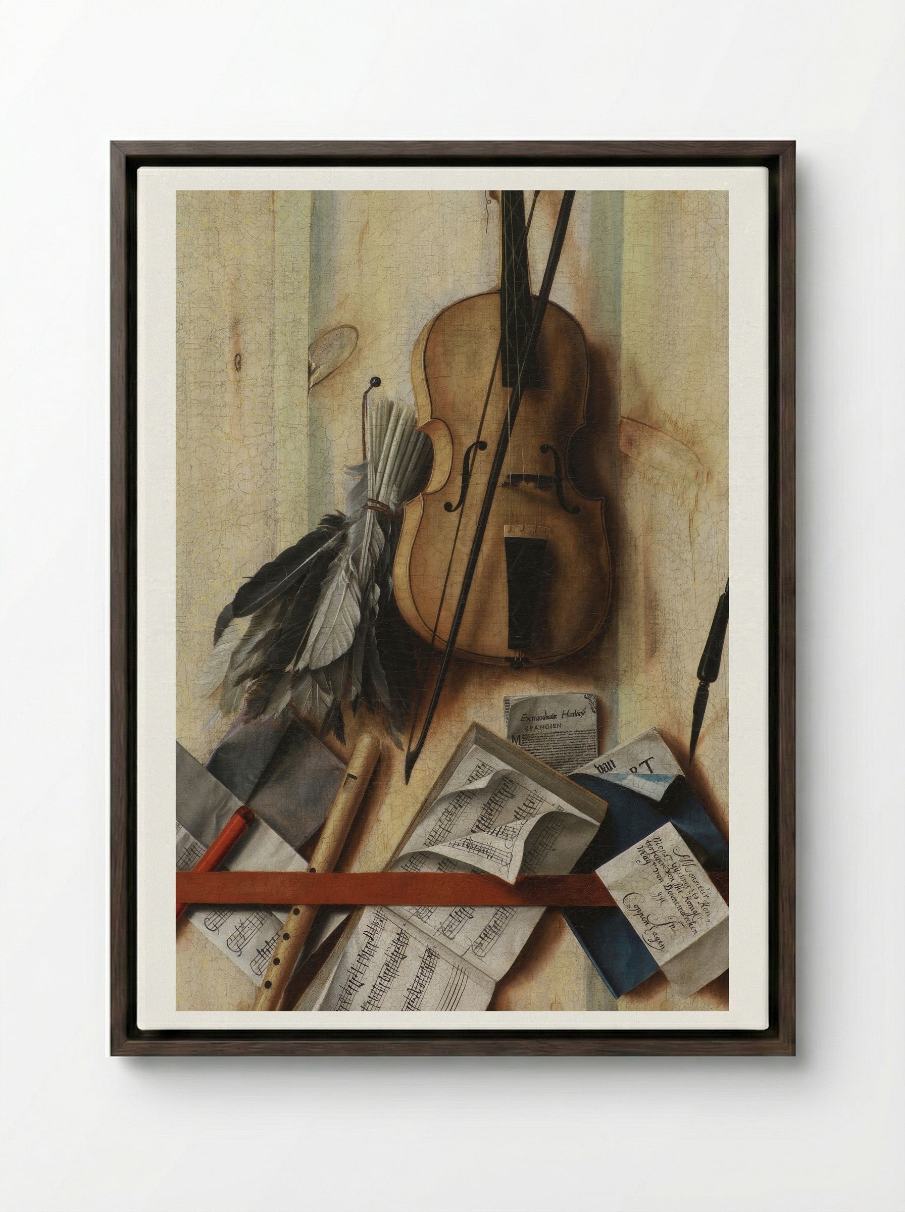 Trompe l'oeil with violin, sheet music and recorder - Cornelis Norbertus Gysbrechts - Framed Canvas Dark Wood