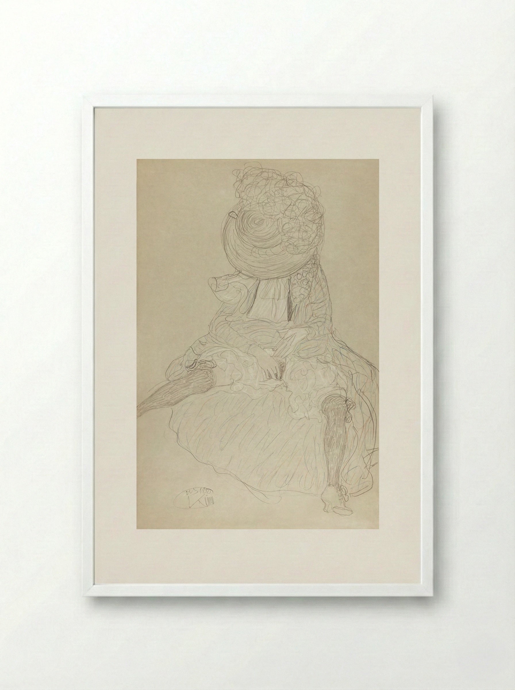 Seated Woman from the Front with Hat, Face Hooded - Gustav Klimt - Framed Print White
