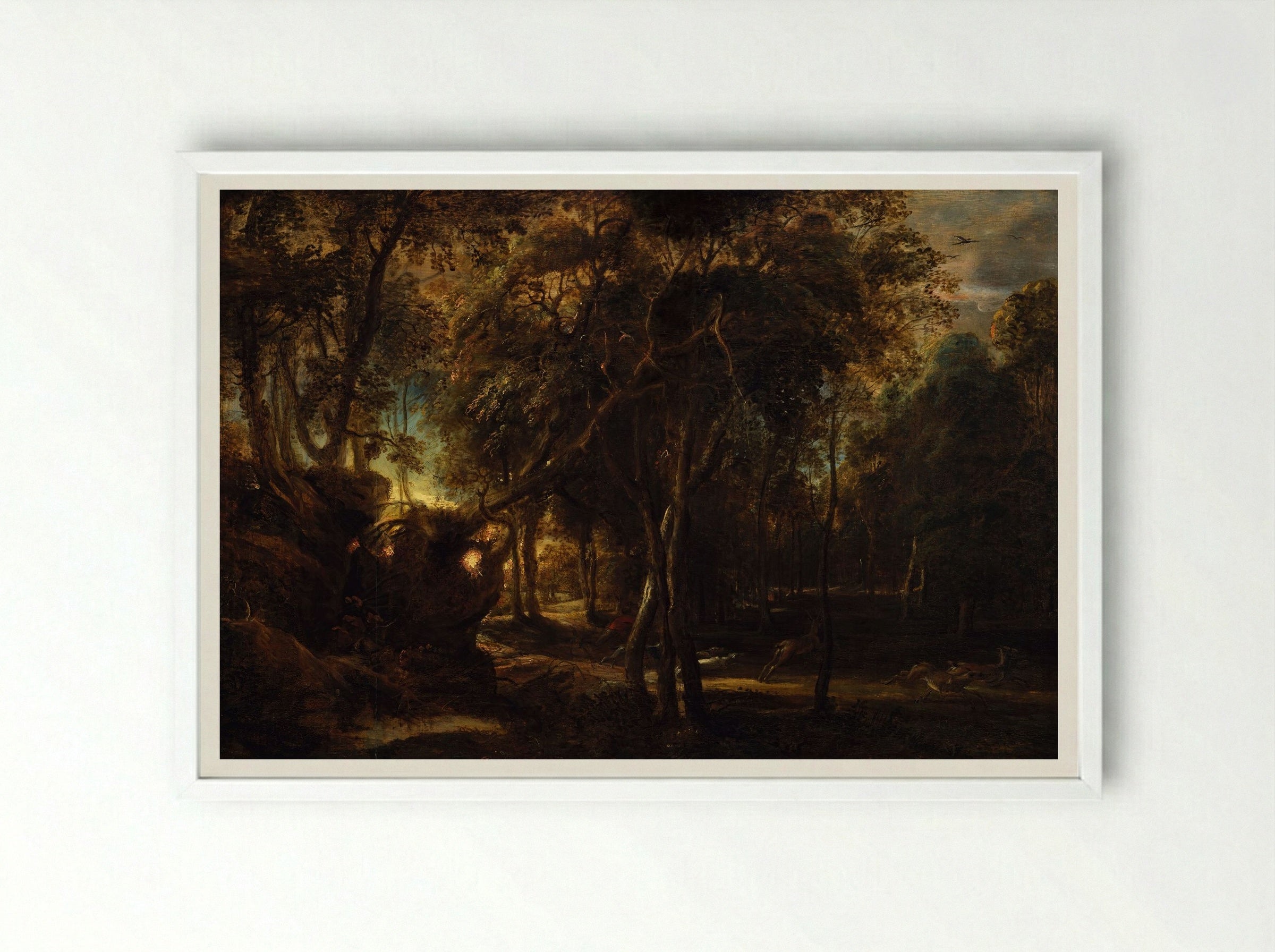 A Forest at Dawn with a Deer Hunt - Peter Paul Rubens - Framed Print White