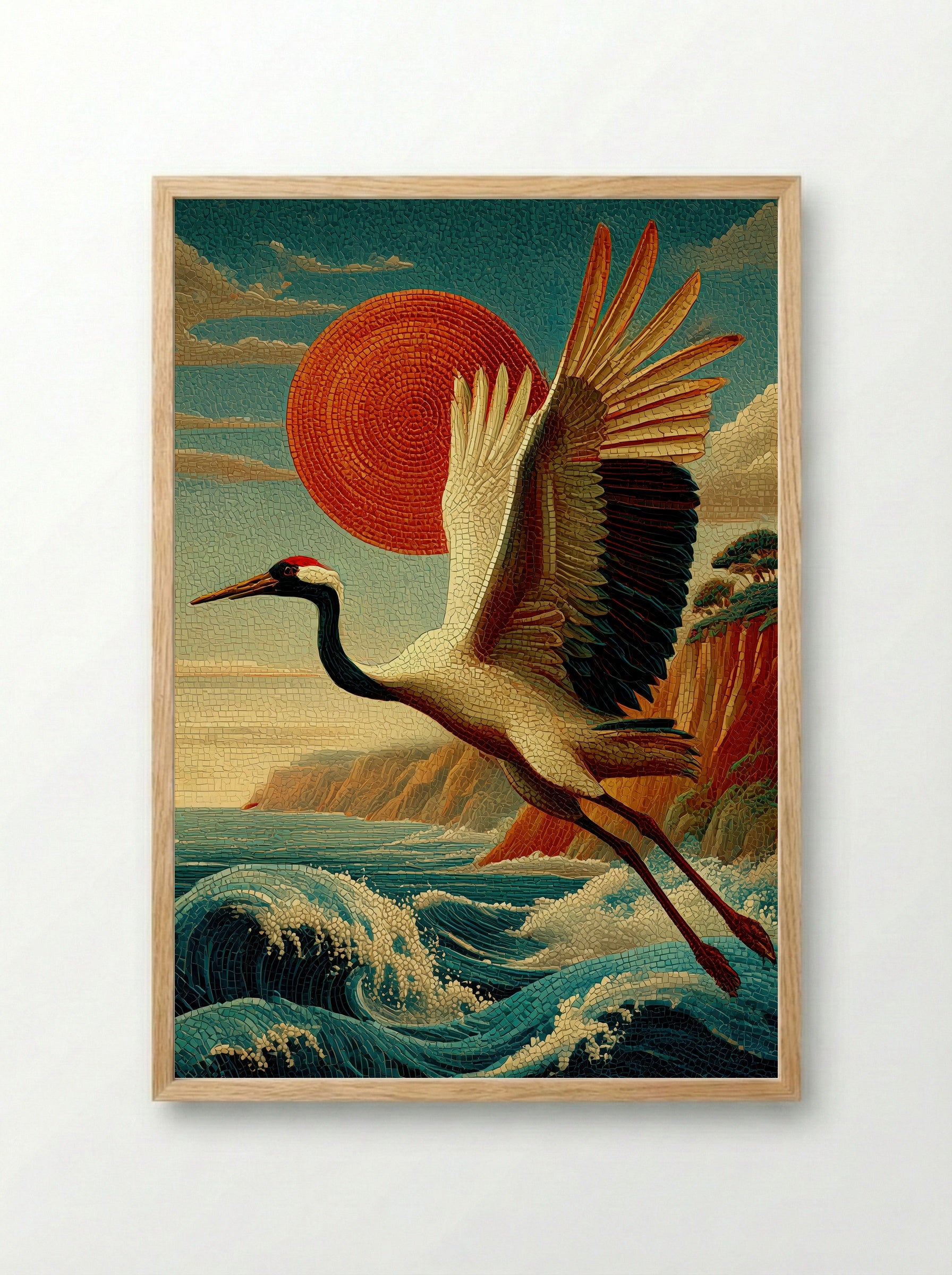 Crane Over Crimson Sun – Japanese Mosaic Print - Framed Print Wood
