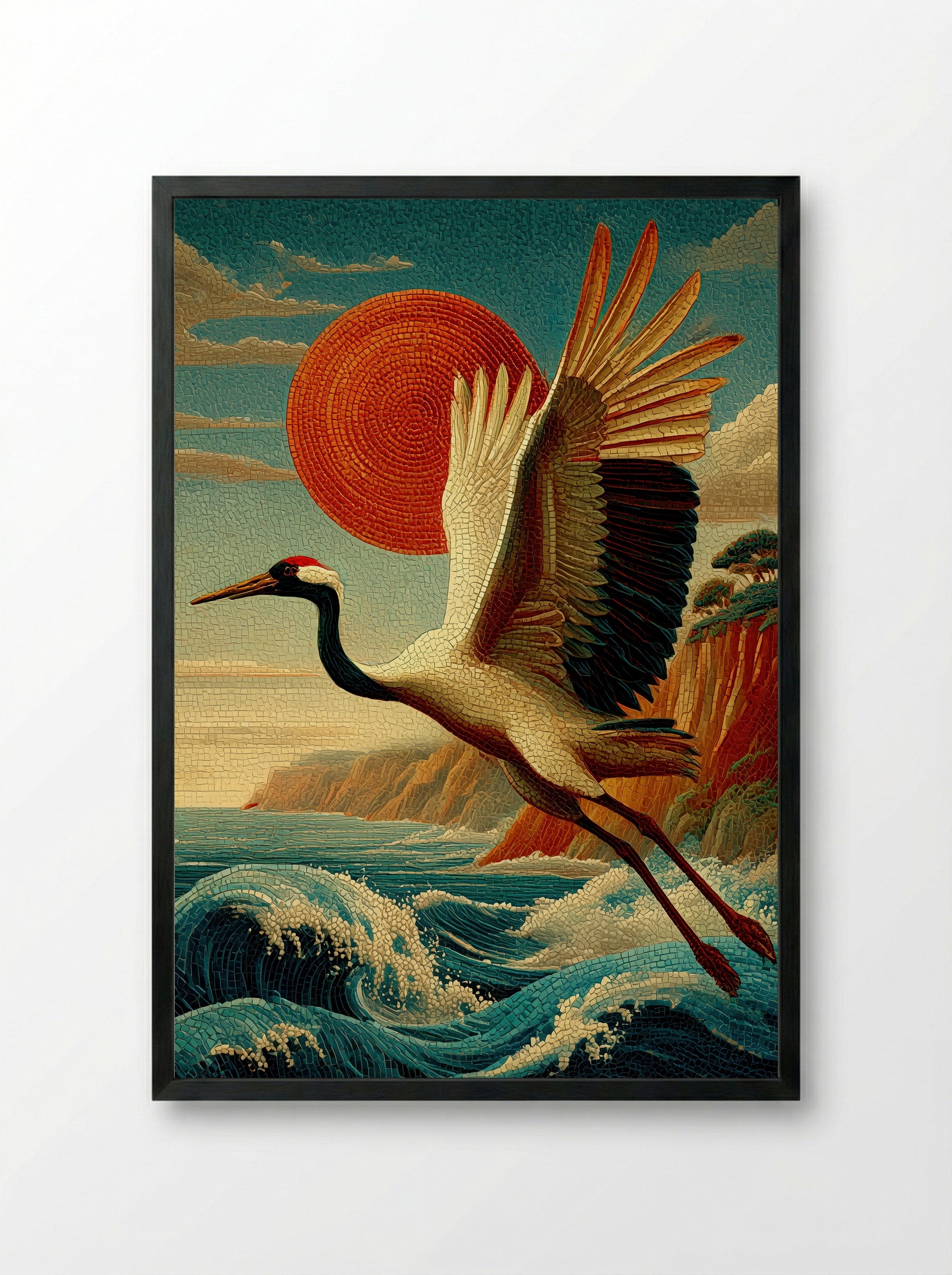 Crane Over Crimson Sun – Japanese Mosaic Print - Framed Print Black