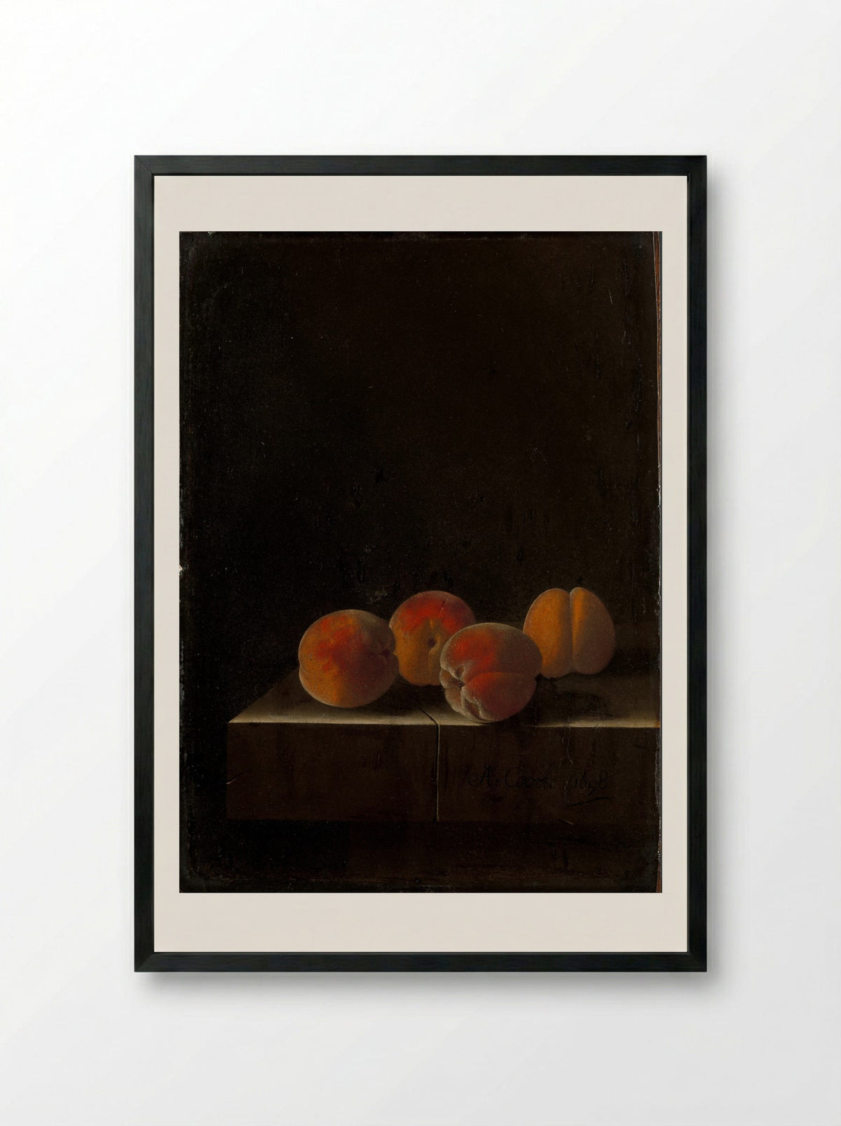 Four Apricots on a Stone Plinth - Adriaen Coorte - Framed Print Black
