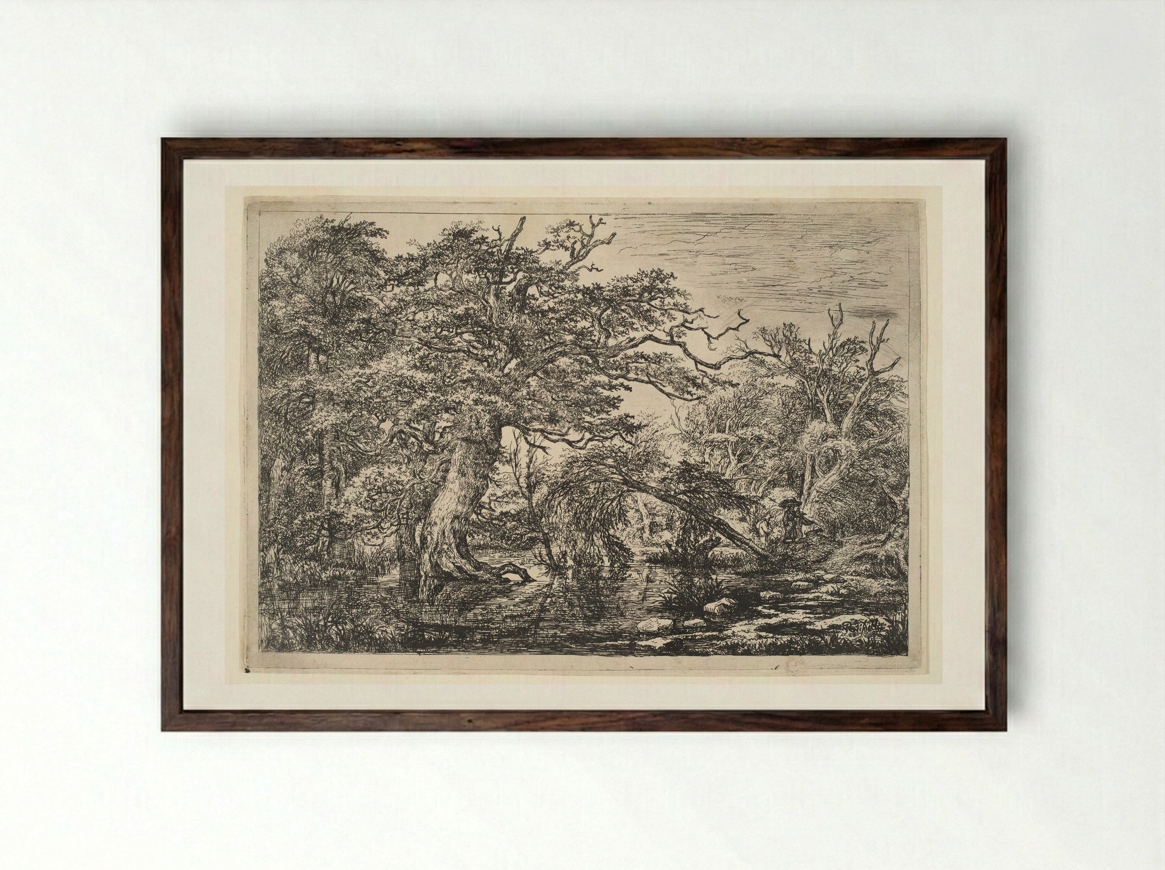 A Forest Marsh with Travelers on a Bank - Jacob van Ruisdael - Framed Print Dark Wood