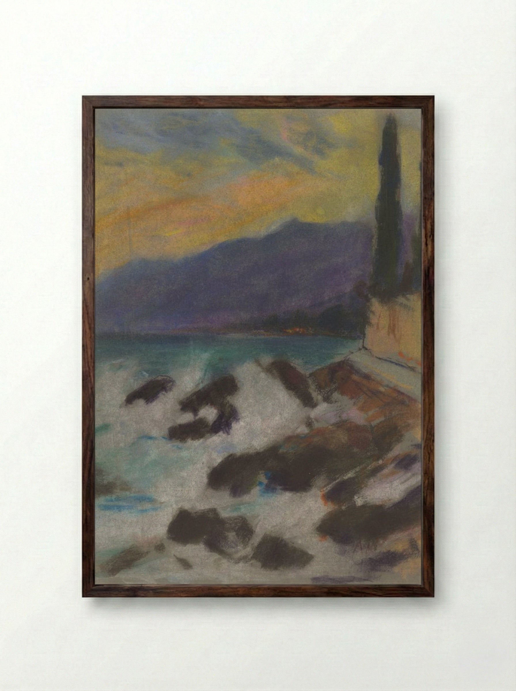 Rocky Seashore with Cypresses - Zolo Palugyay - Framed Print Dark Wood